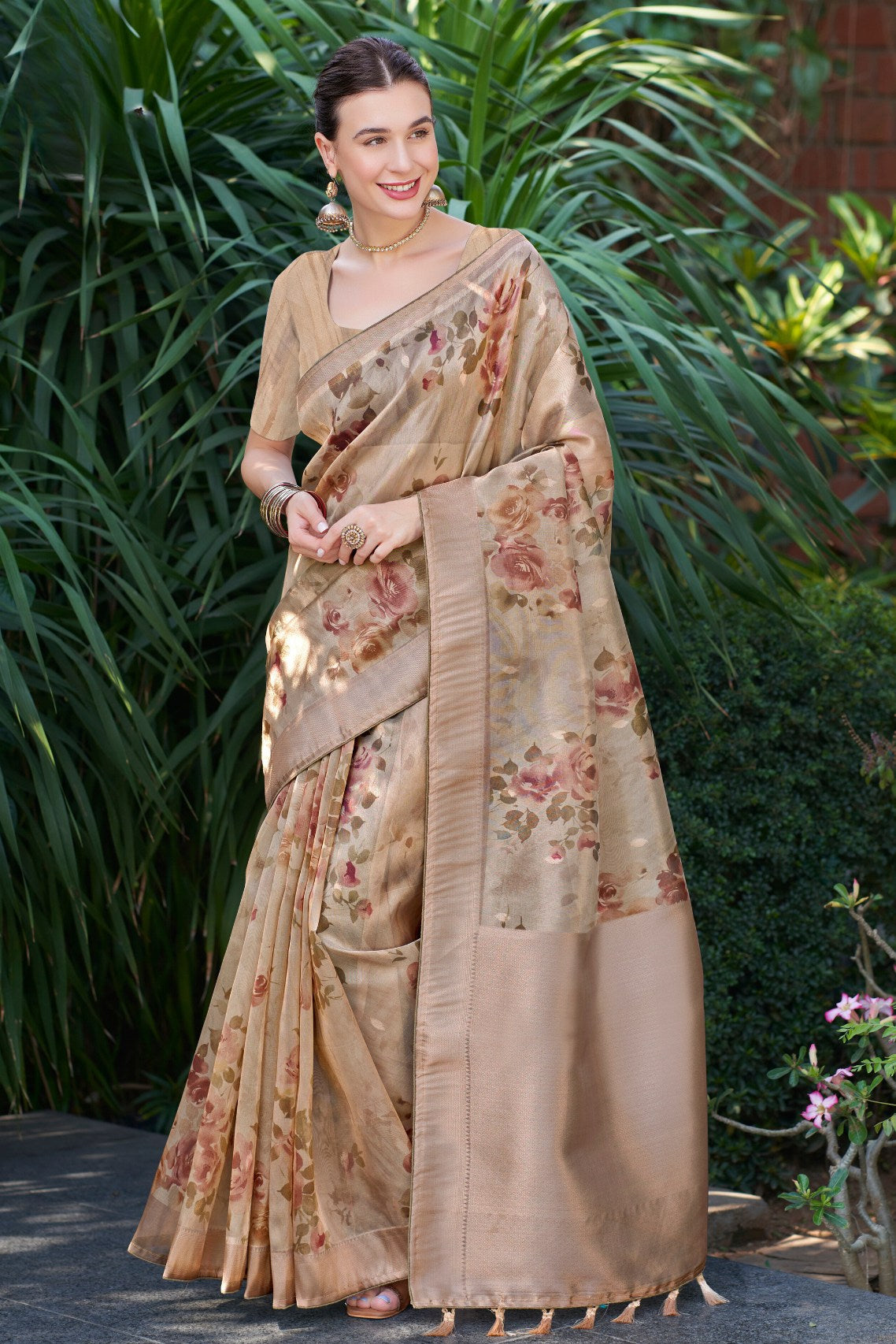 Buy MySilkLove Rodeo Dust Brown Digital Printed Organza Saree Online