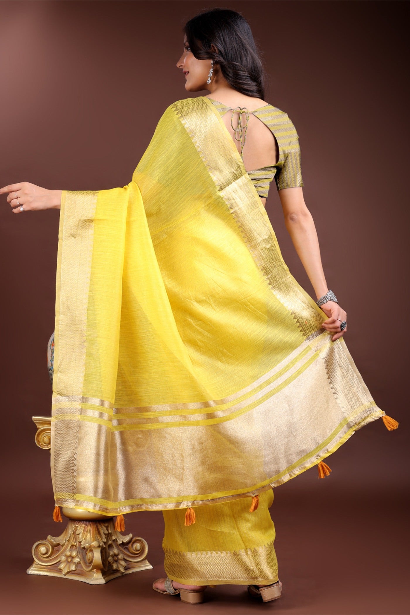 Buy MySilkLove Lemon Yellow Woven Cotton Saree Online