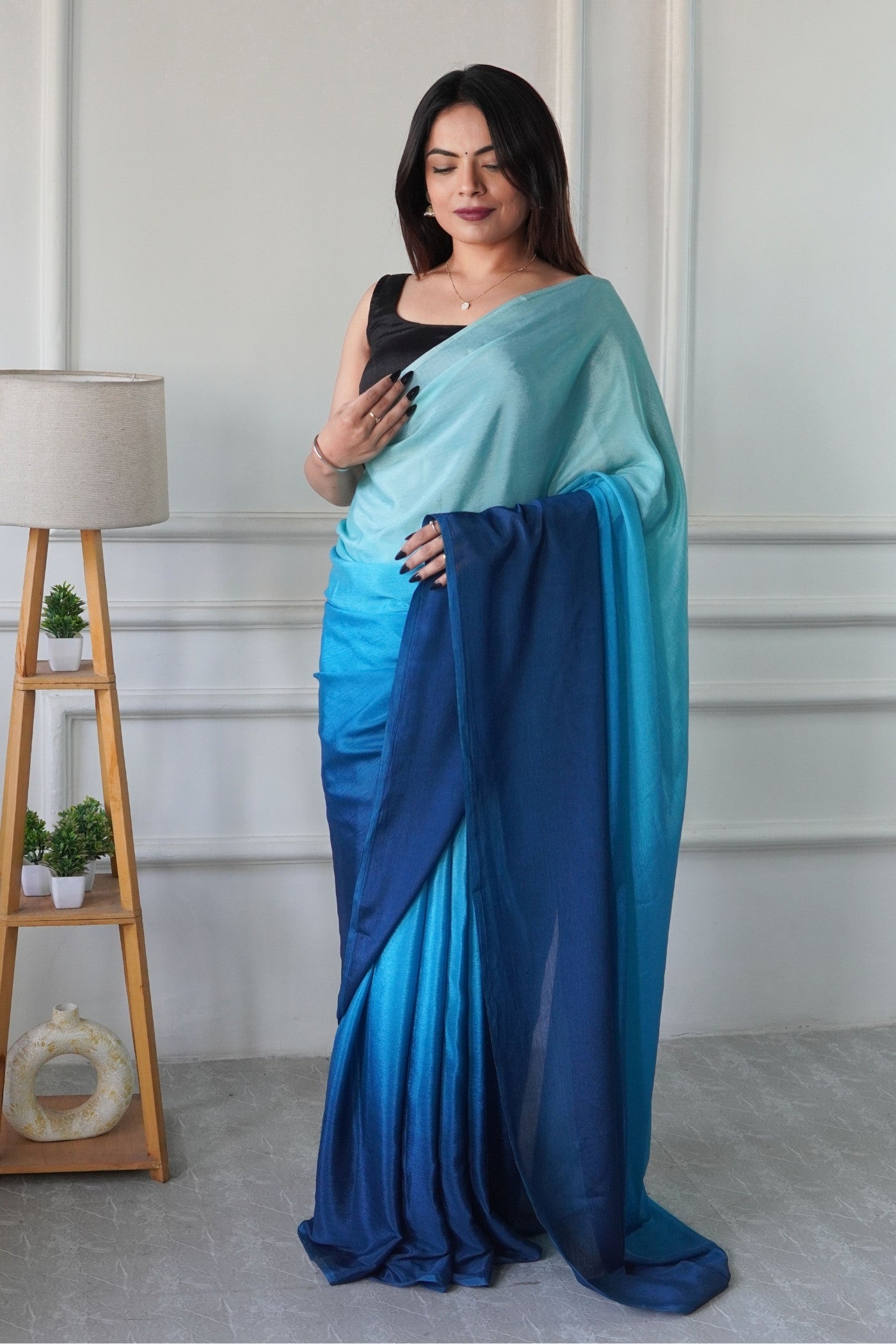 Buy MySilkLove Bismark Blue Chinon Ready To Wear Saree Online