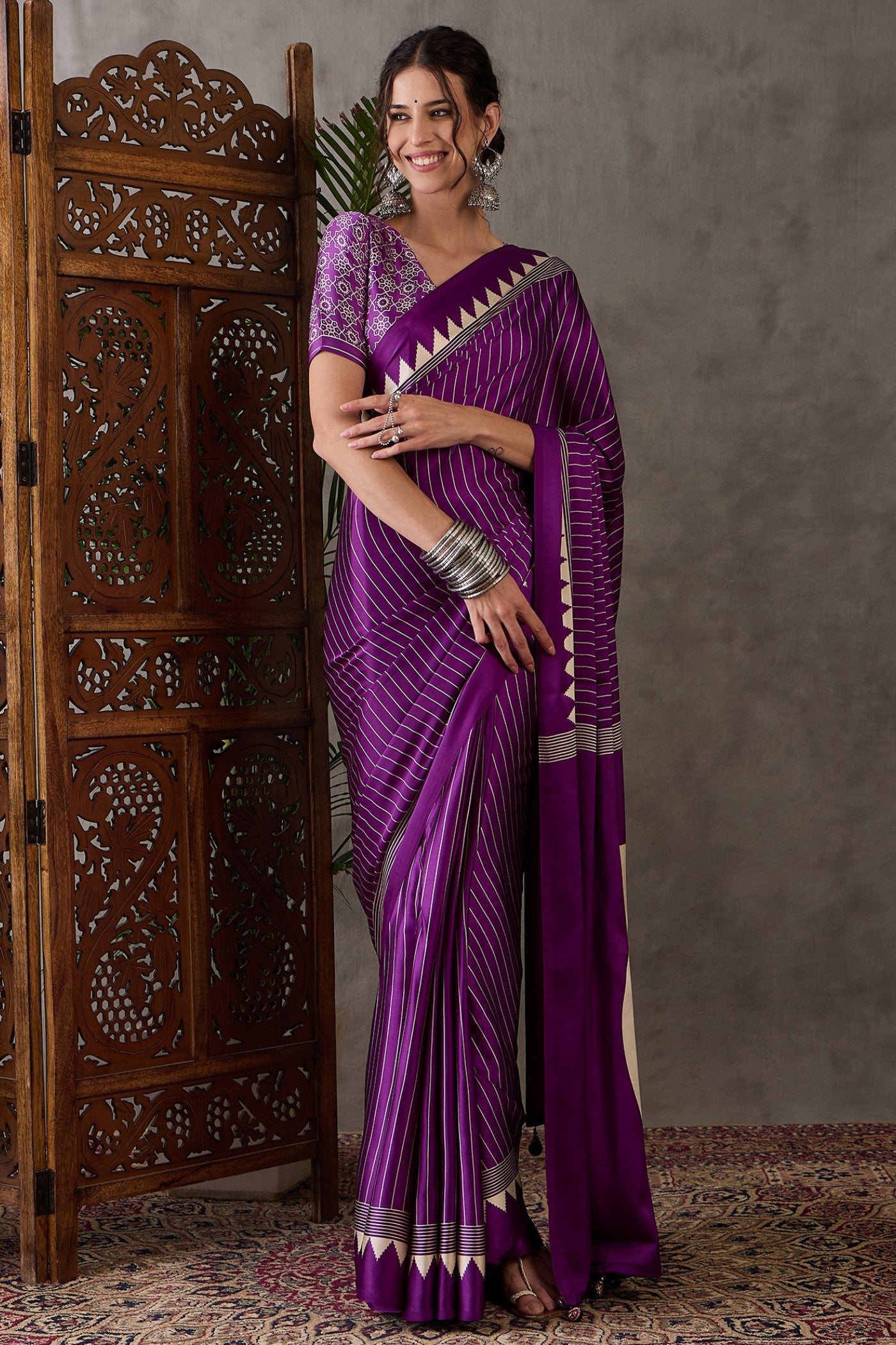 Buy MySilkLove Lollipop Purple Printed Satin Gaji Silk Saree Online