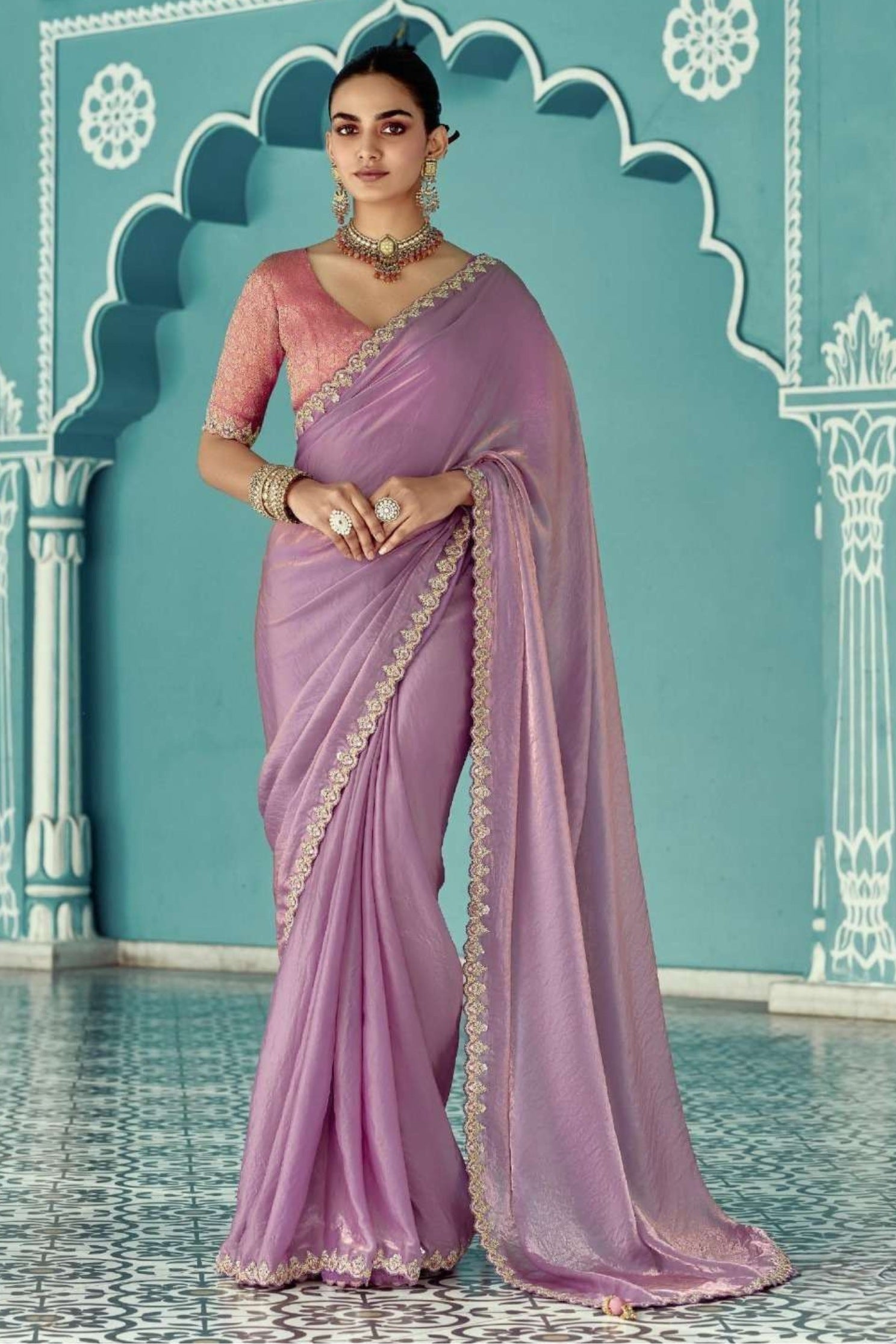 Buy MySilkLove Light Mauve Purple Embroidered Tissue Designer Saree Online