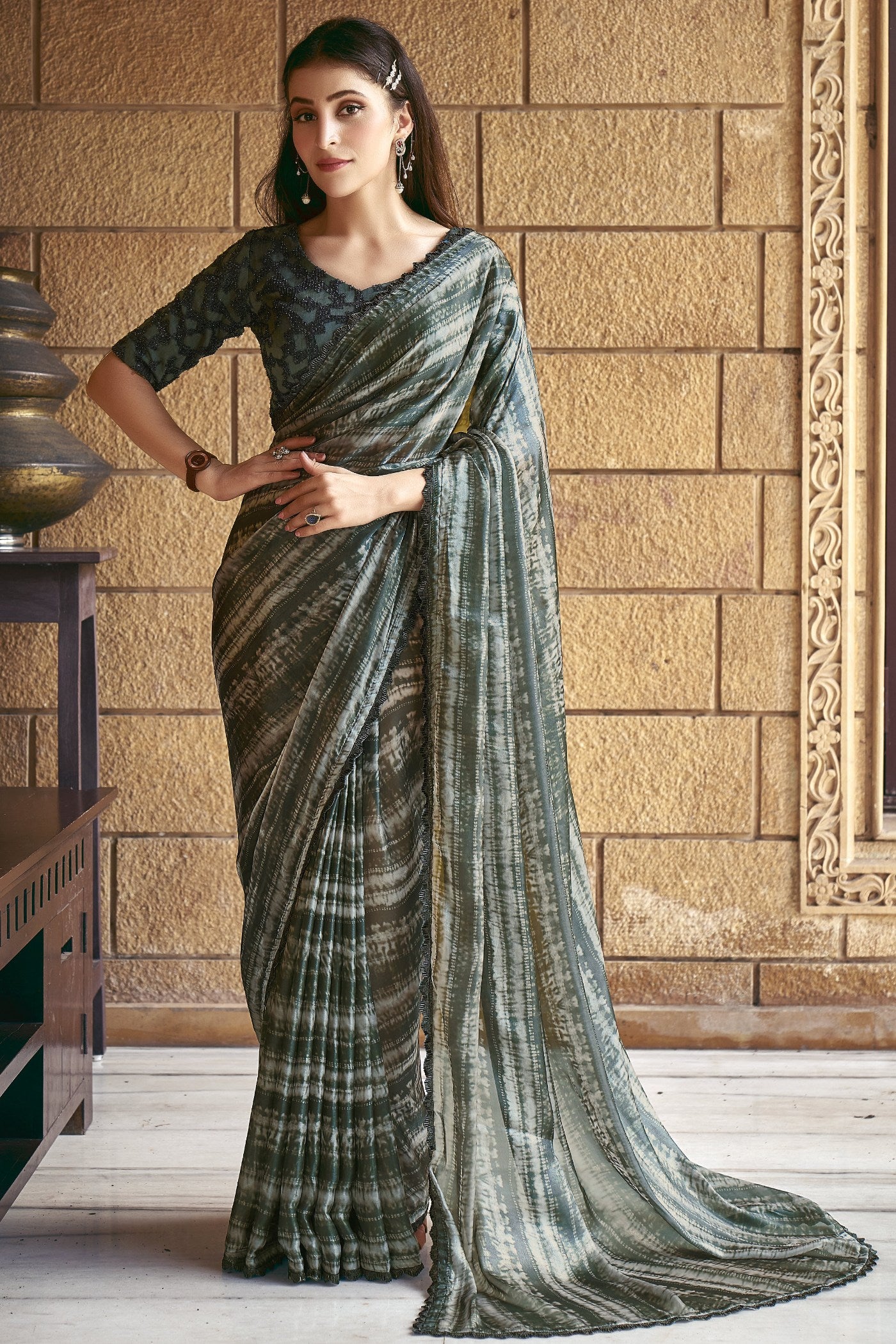 Buy MySilkLove Siam Green Satin Printed Silk Saree Online