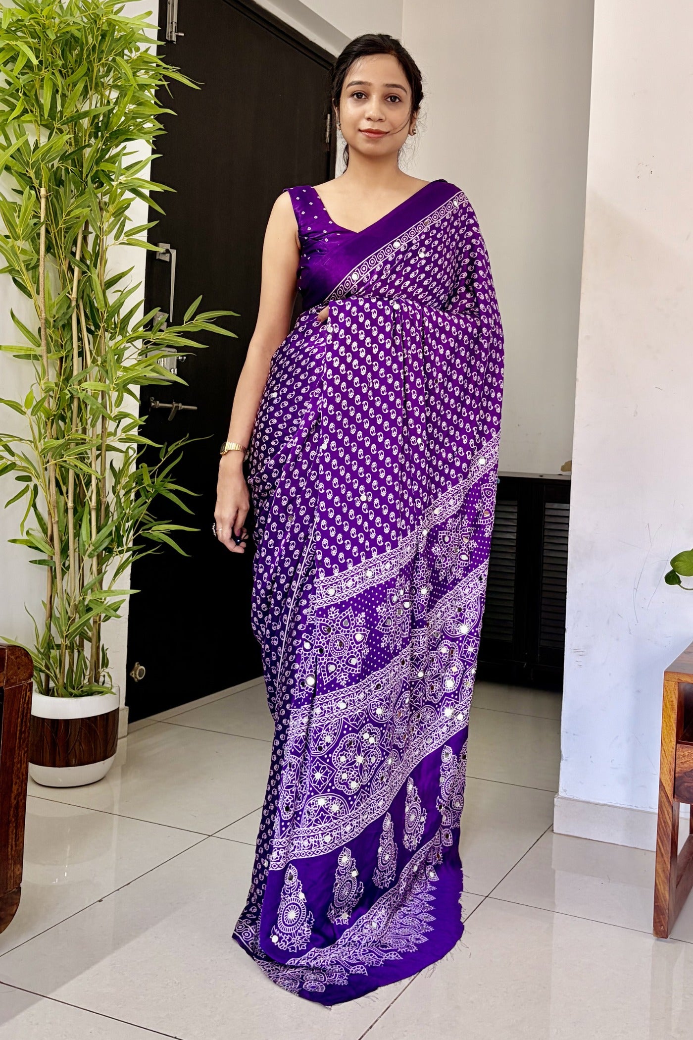 Buy MySilkLove True Purple Modal Ajrakh Satin Printed Mirror Work Saree Online