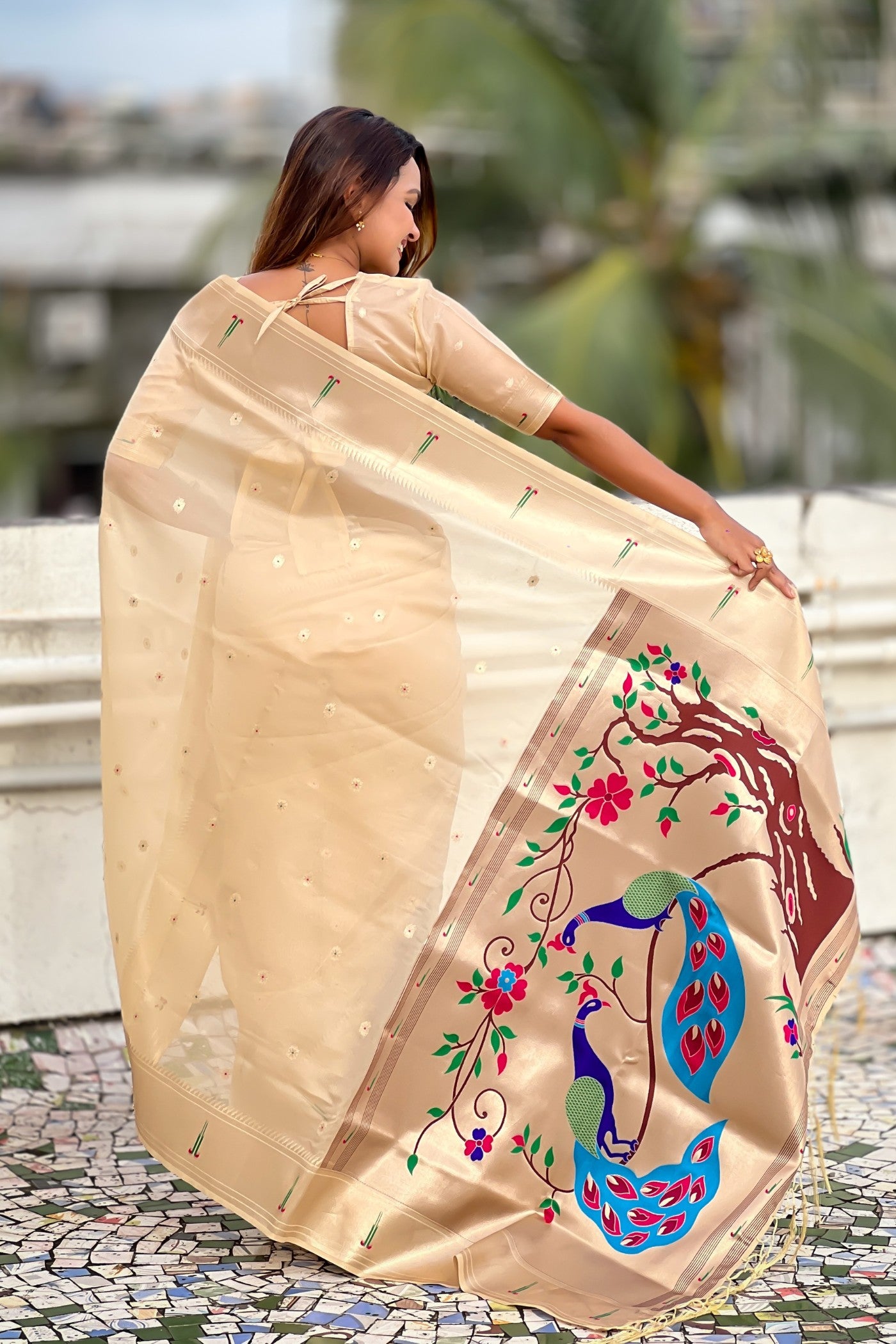 Buy MySilkLove Milk White Organza Woven Paithani Saree Online