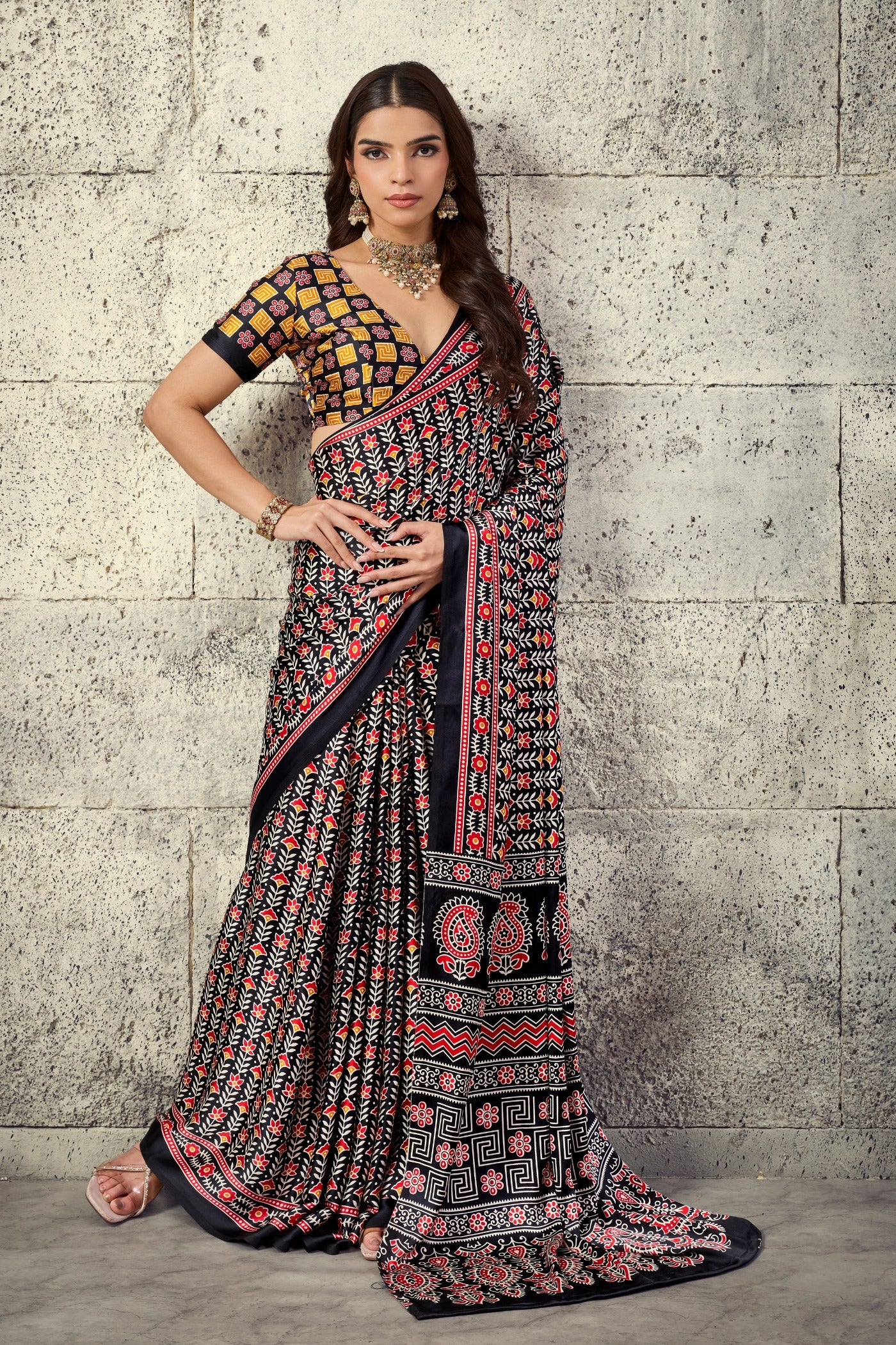 Buy MySilkLove Black Bean Modal Ajrakh Satin Printed Silk Saree Online