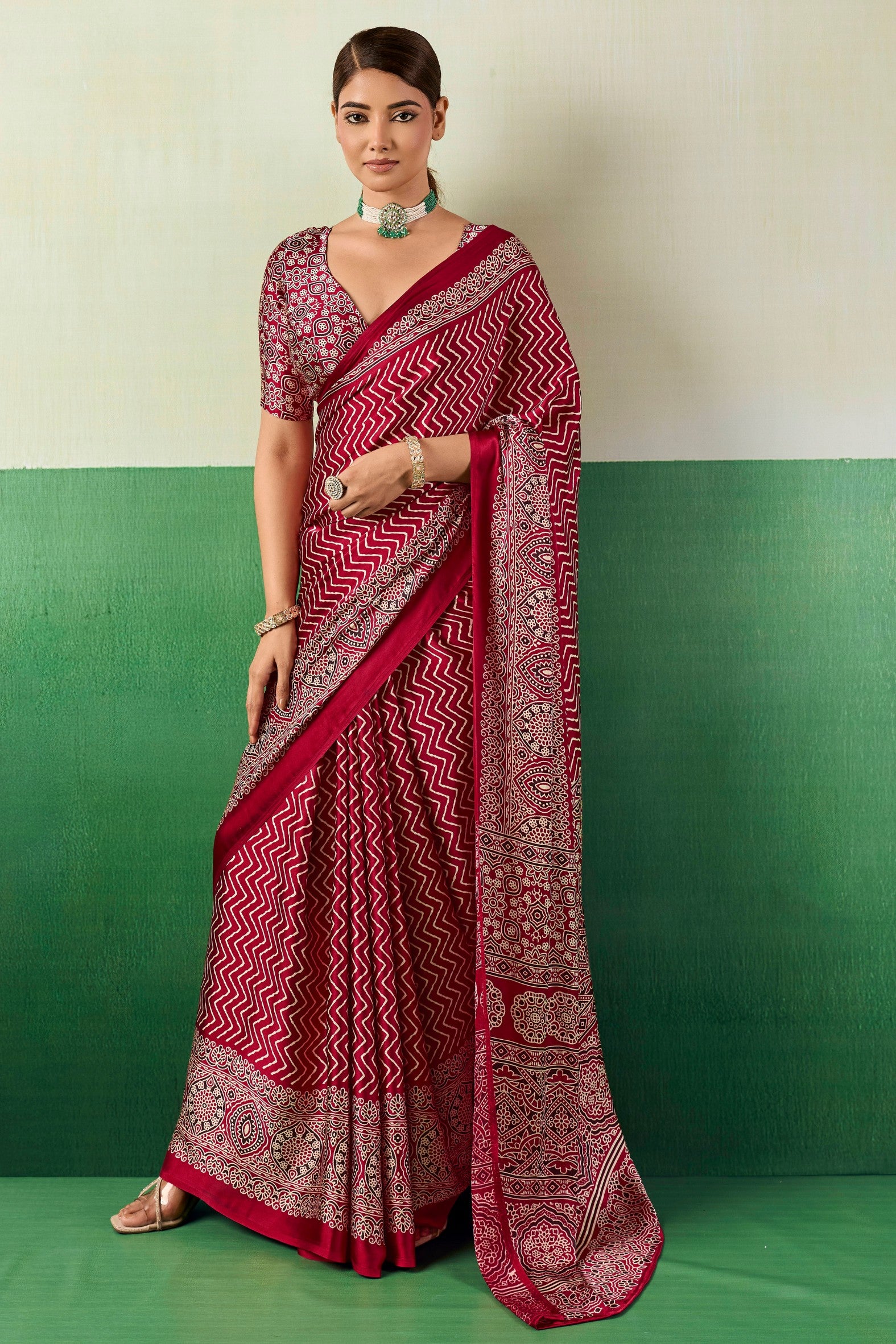 Buy MySilkLove Bittersweet Red Modal Ajrakh Satin Printed Silk Saree Online