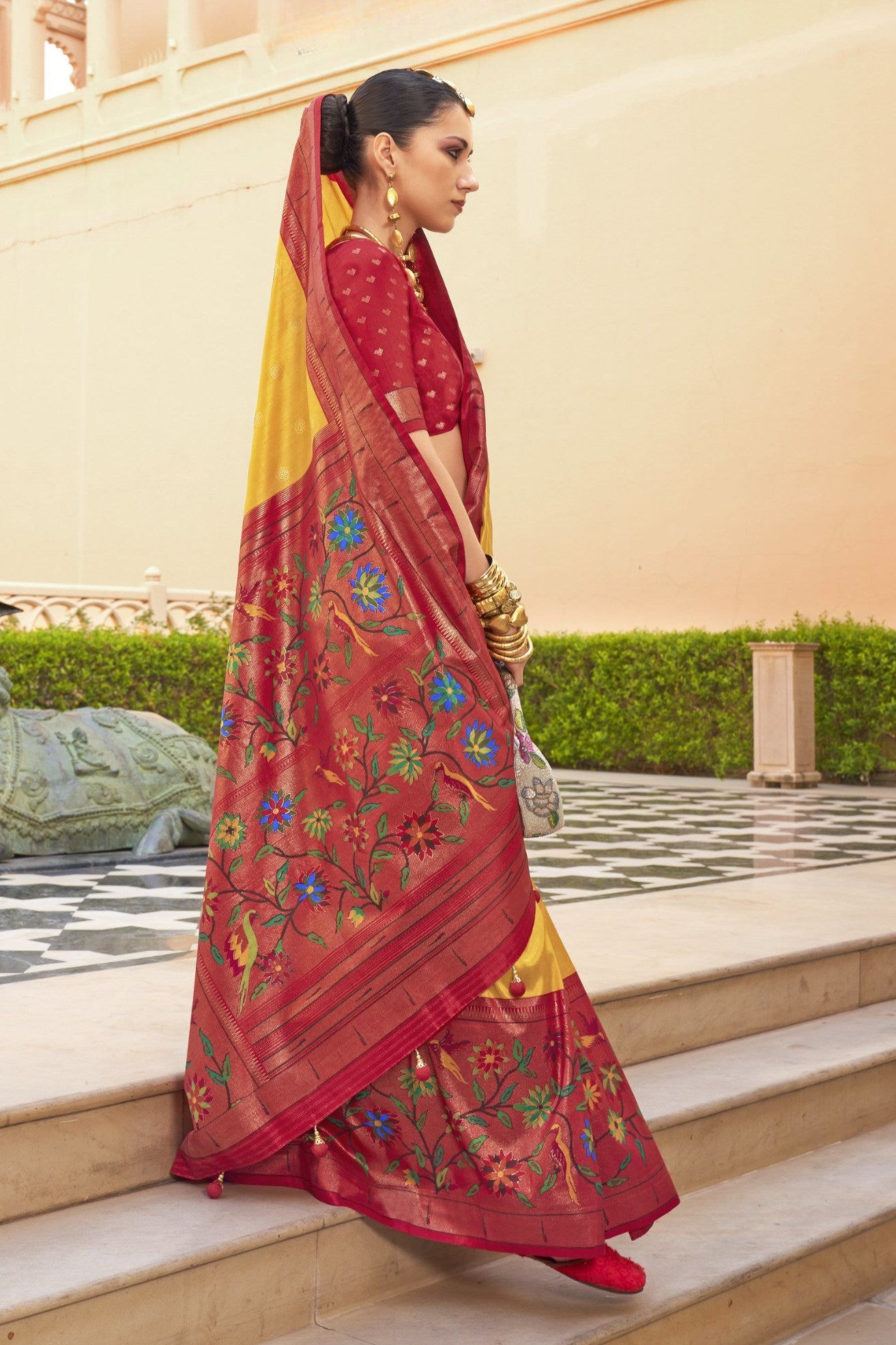 Buy MySilkLove Mustterd Yellow and Red Woven Paithani Designer Saree Online