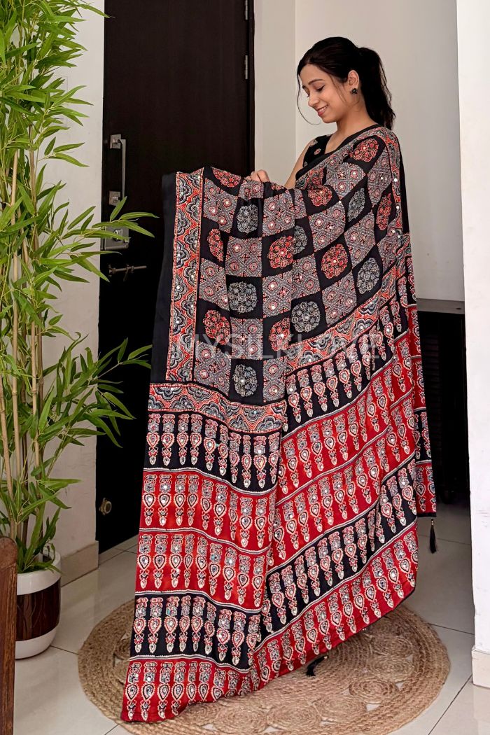 Buy MySilkLove Flint Black Ajrakh Modal Mirror Work Satin Silk Saree Online