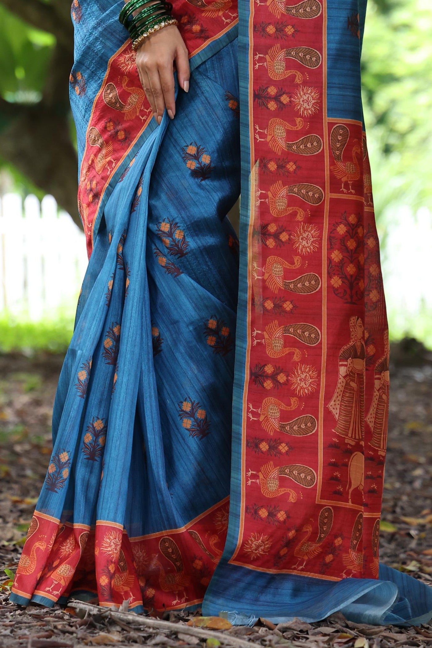 Buy MySilkLove Indigo Blue Madhubani Tussar Printed Silk Saree Online