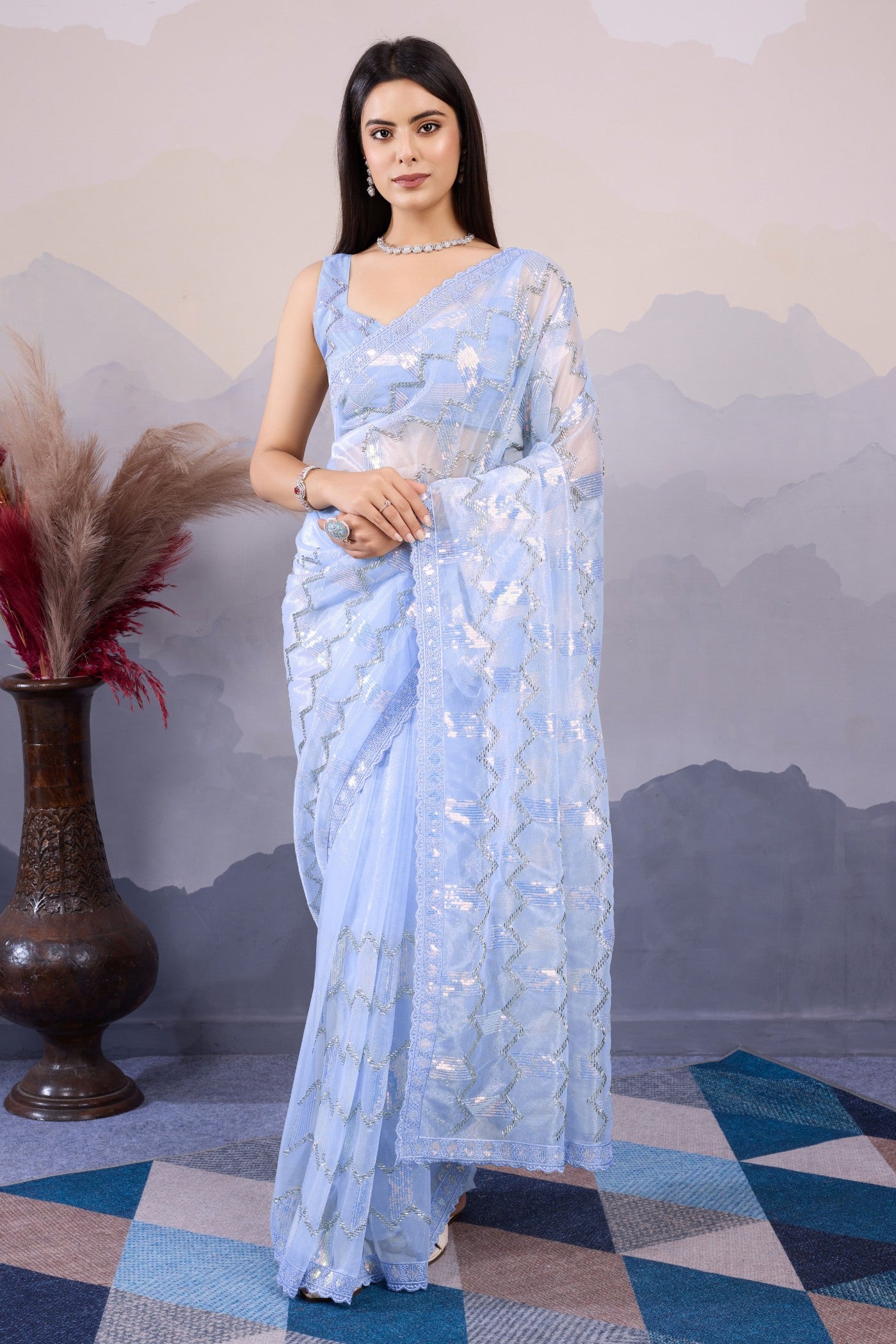 Buy MySilkLove Clematis Blue Designer Partywear Saree Online