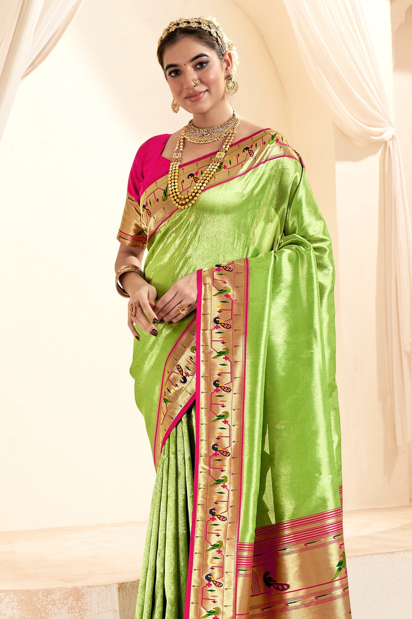 MySilkLove Primrose Green Zari Woven Paithani Tissue Saree