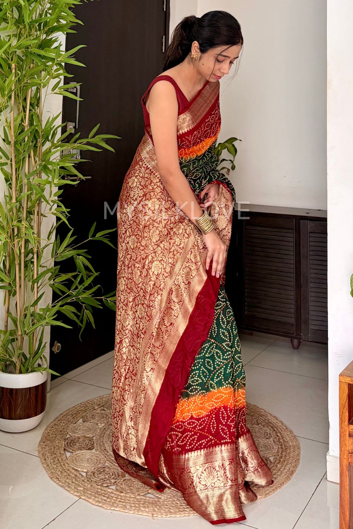 MySilkLove Forest Green and Red Bandhani Zari Woven Silk Saree