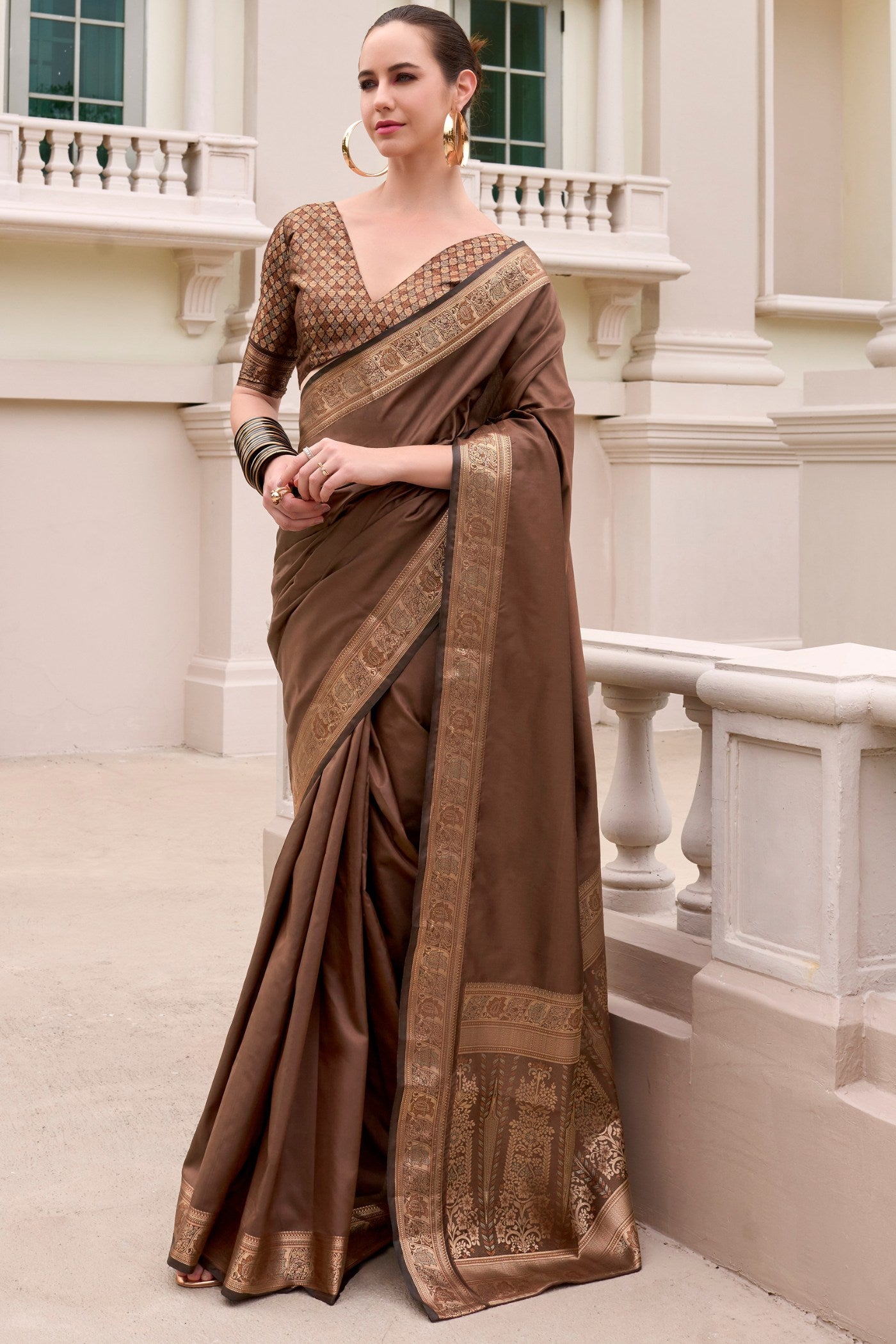 Buy MySilkLove Leather Brown Banarasi Handloom Saree Online