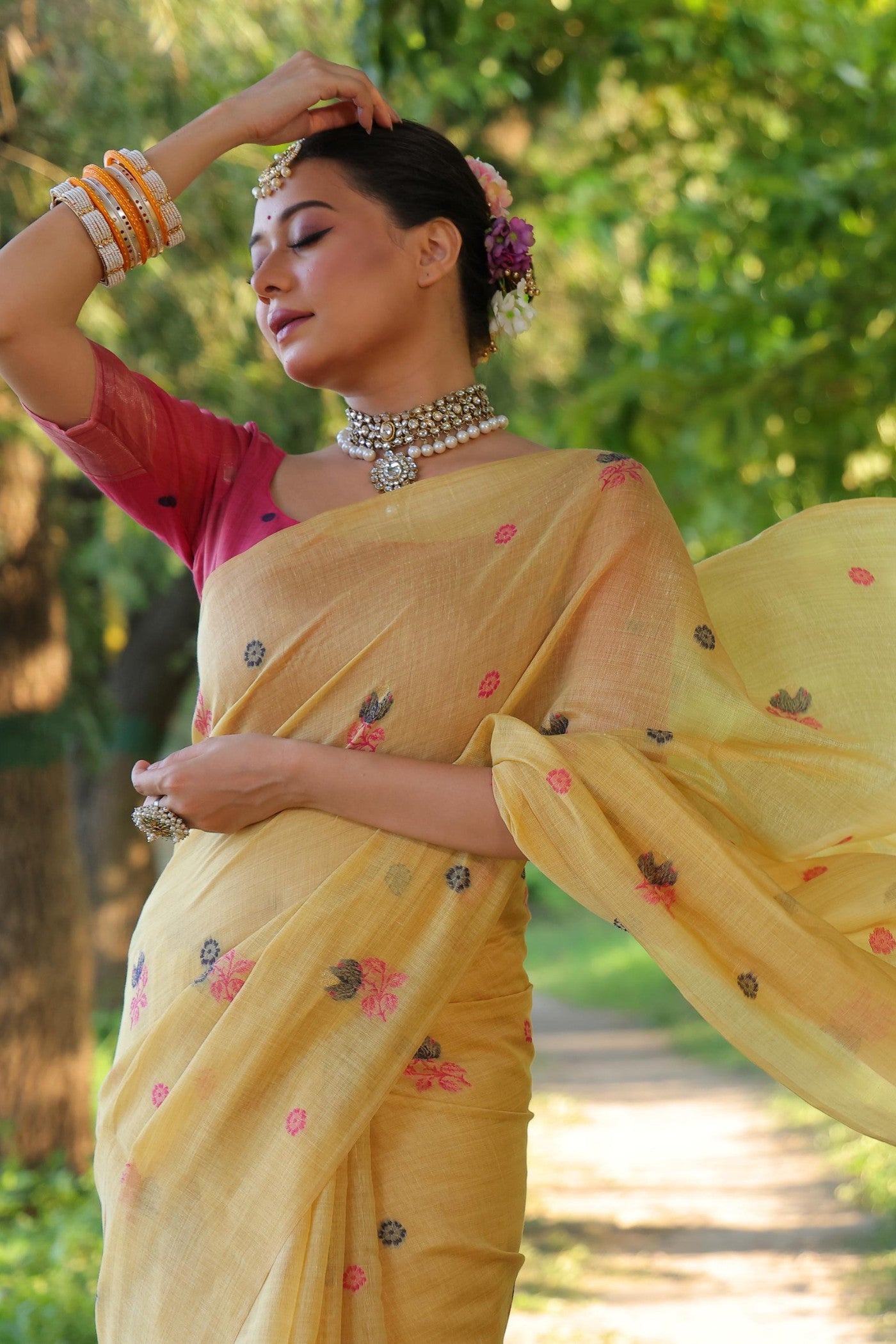 Buy MySilkLove Bright Yellow Muga Cotton Saree Online