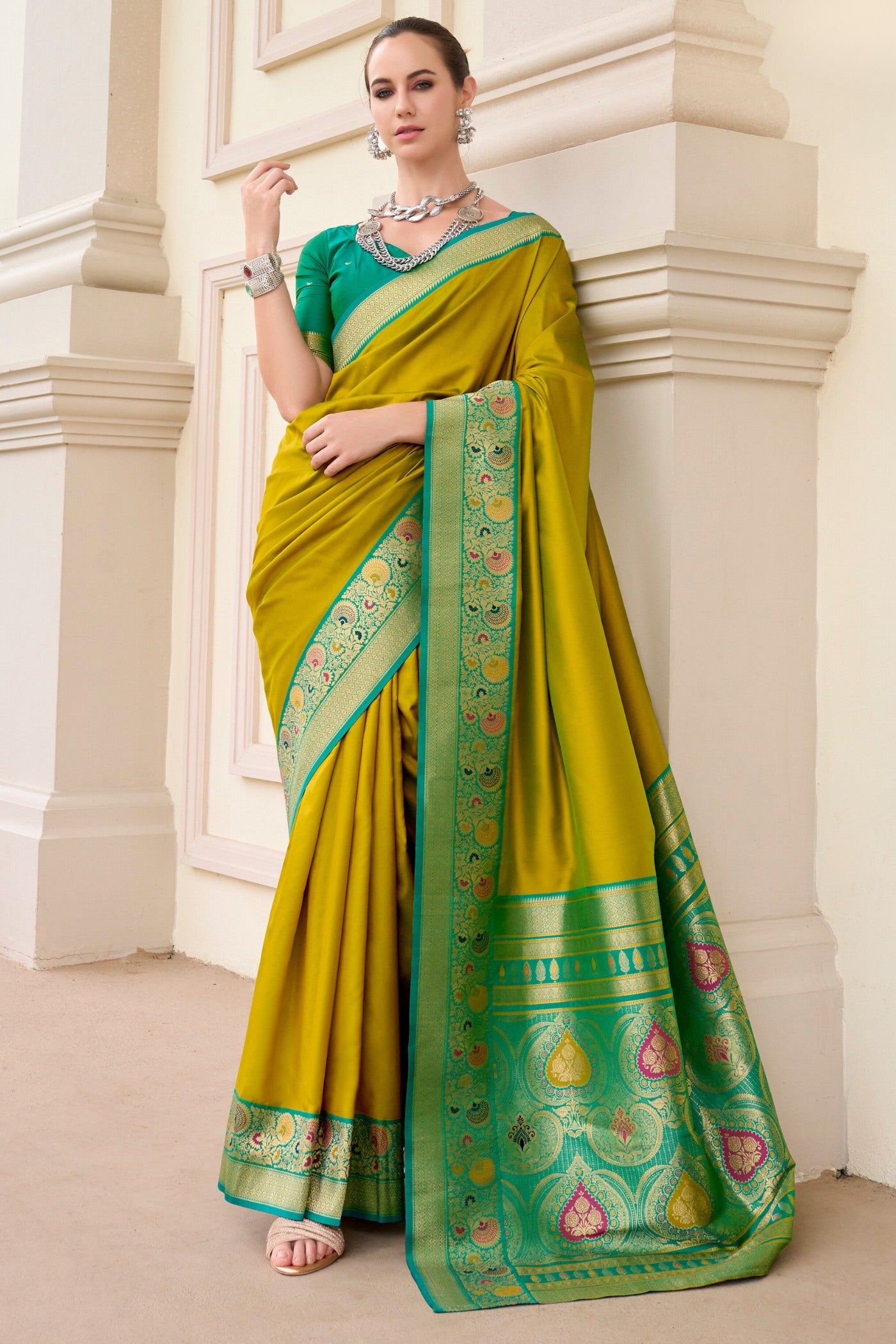 Buy MySilkLove Galliano Green Woven Banarasi Soft Silk Saree Online