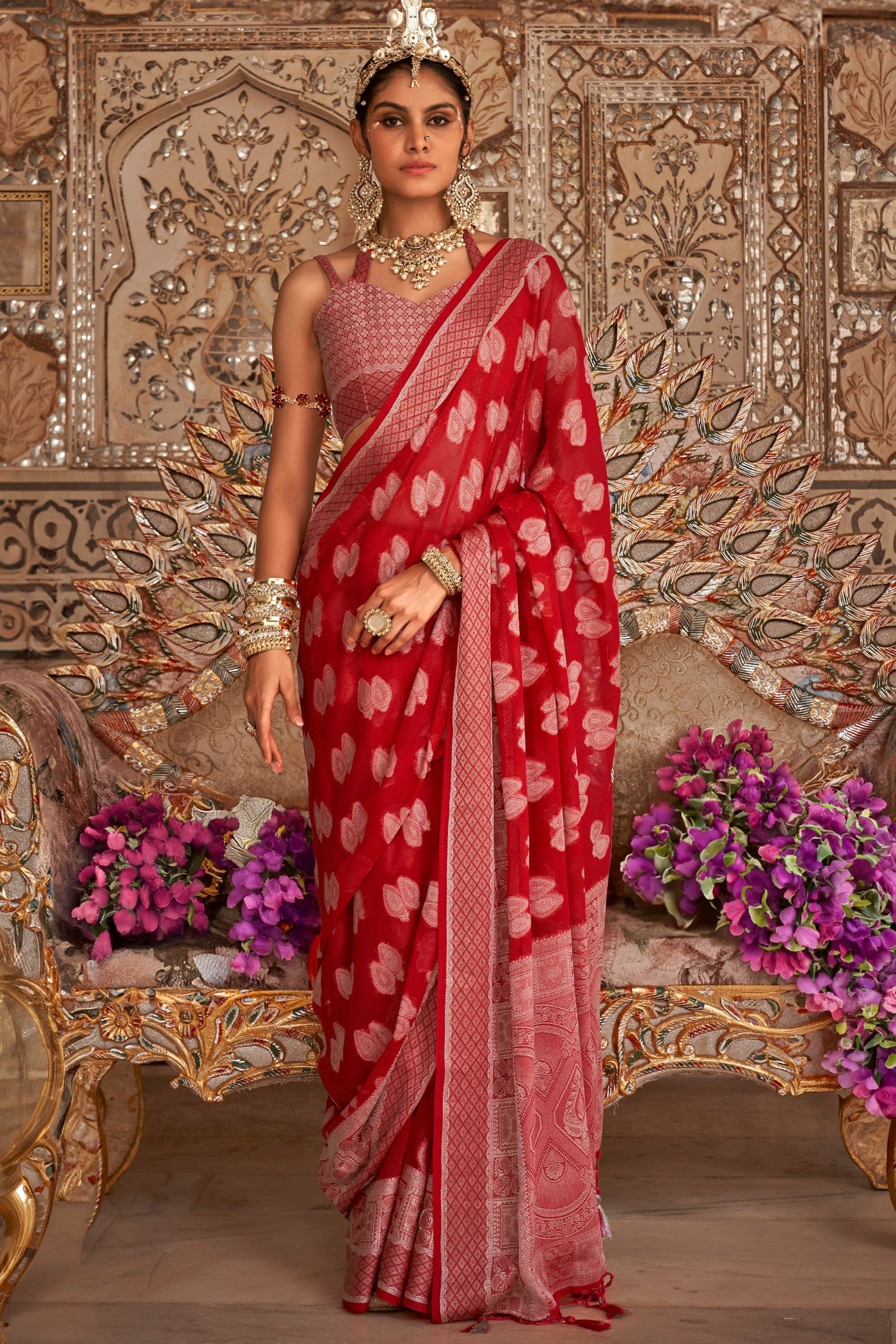 Buy MySilkLove Chilli Red Zari Woven Georgette Saree Online