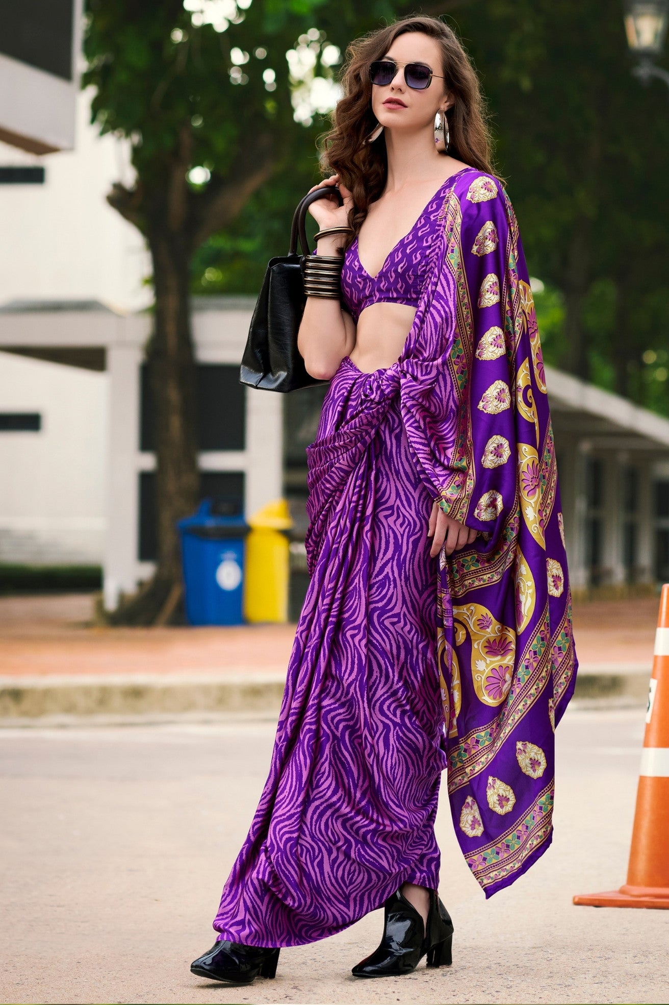 Buy MySilkLove Violet Purple Printed Satin Crepe Saree Online