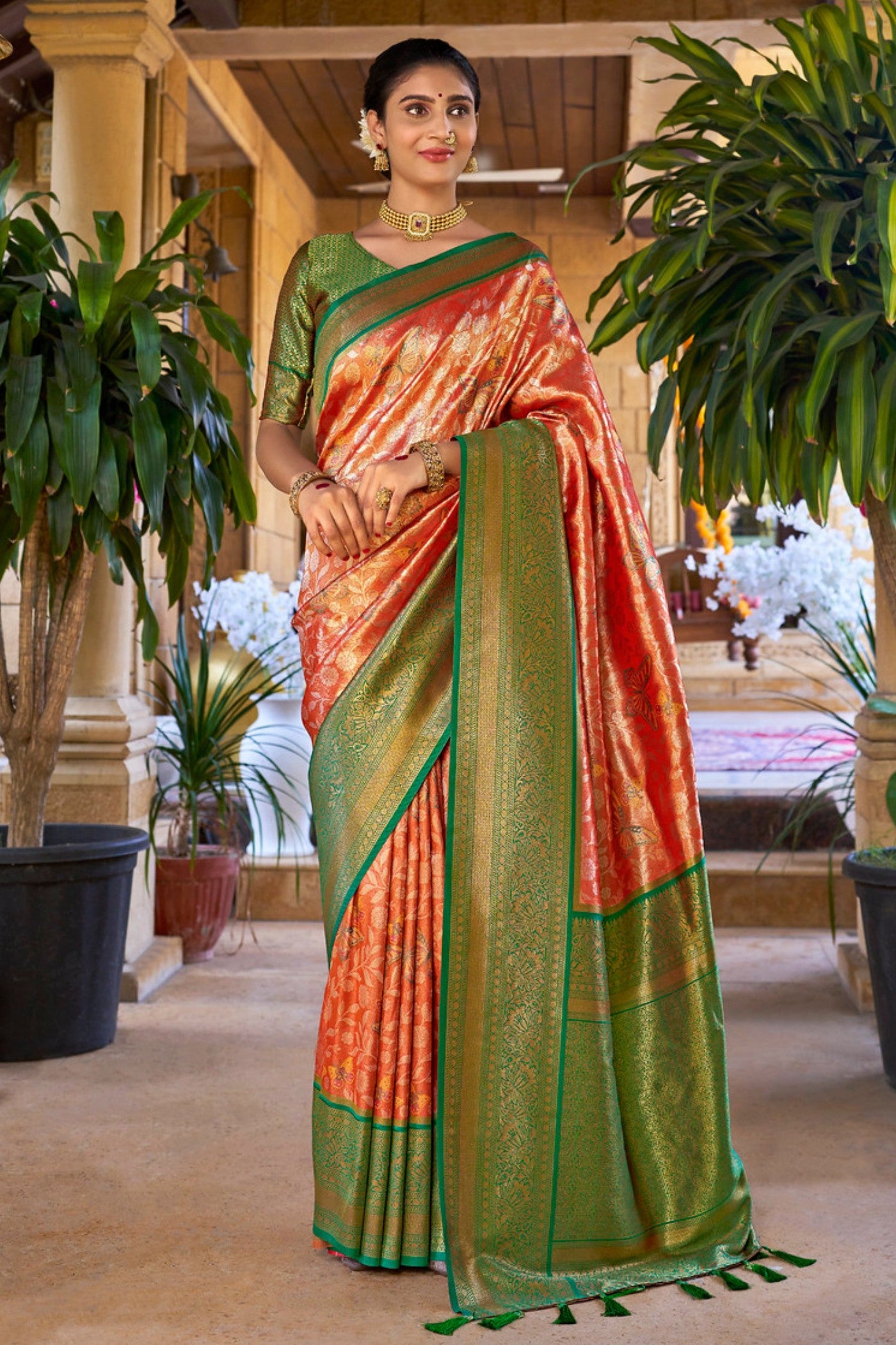 Buy MySilkLove Copper Orange Woven Kanjivaram Saree Online