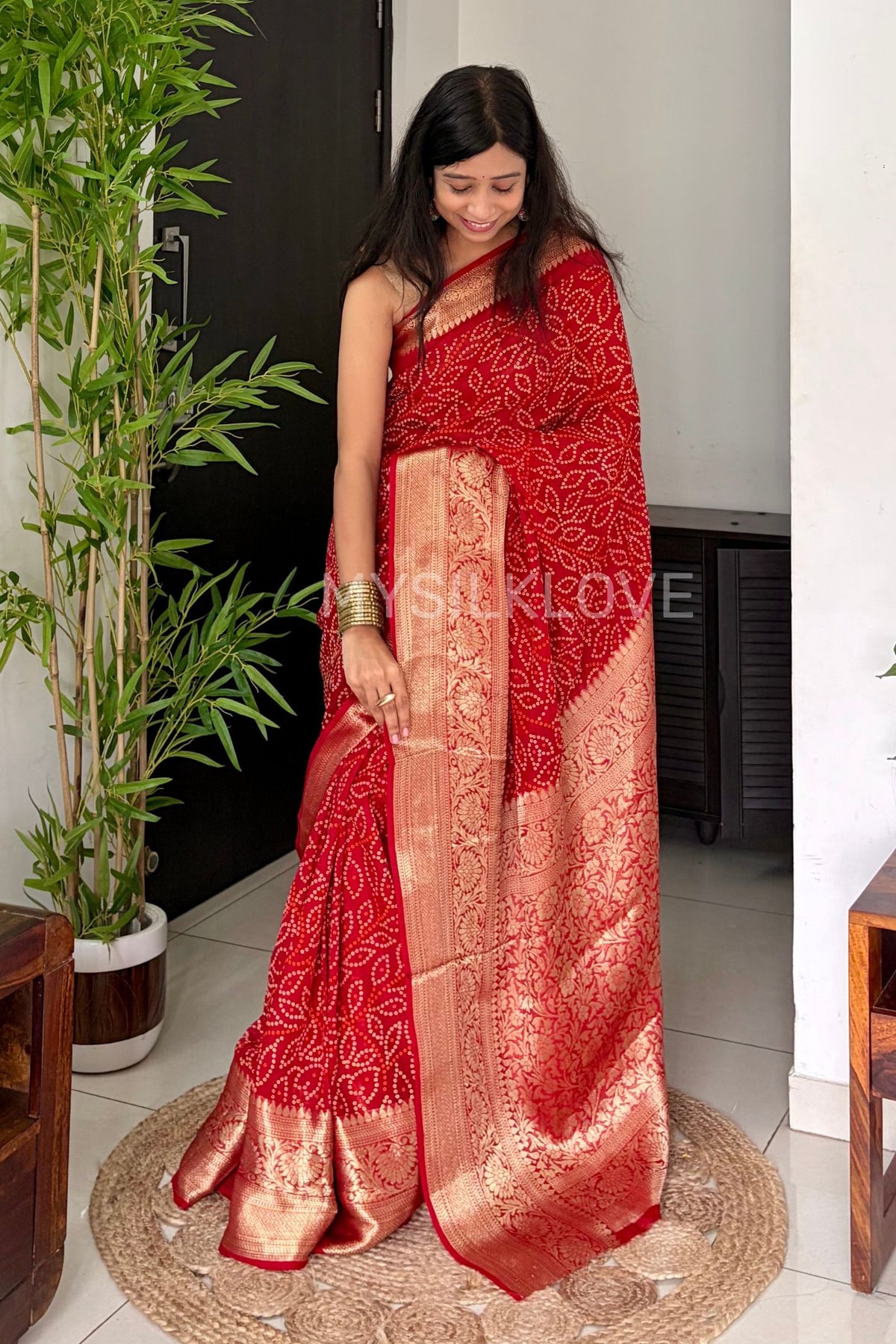 Buy MySilkLove Canary Red Bandhani Zari Woven Silk Saree Online