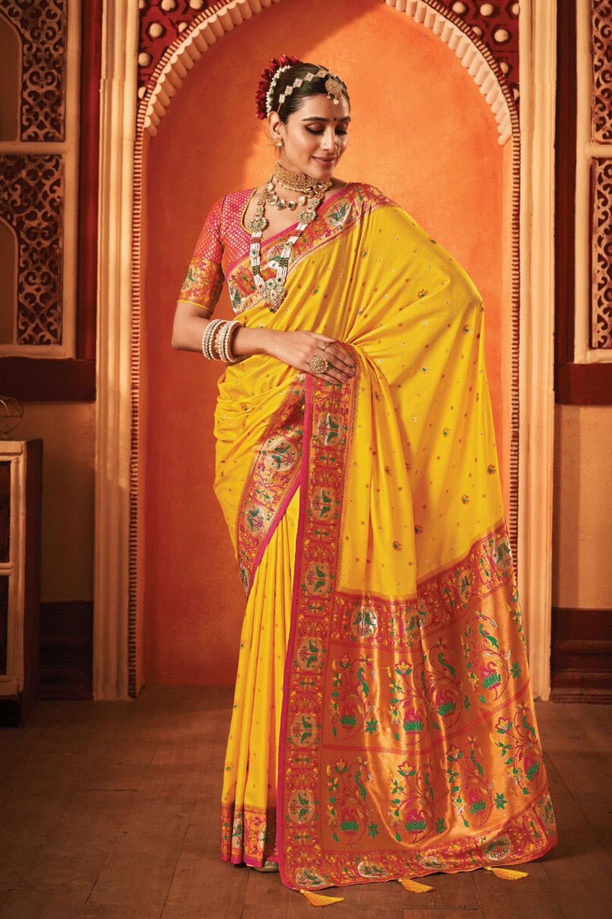 Buy MySilkLove Fire Bush Yellow Woven Paithani Saree Online