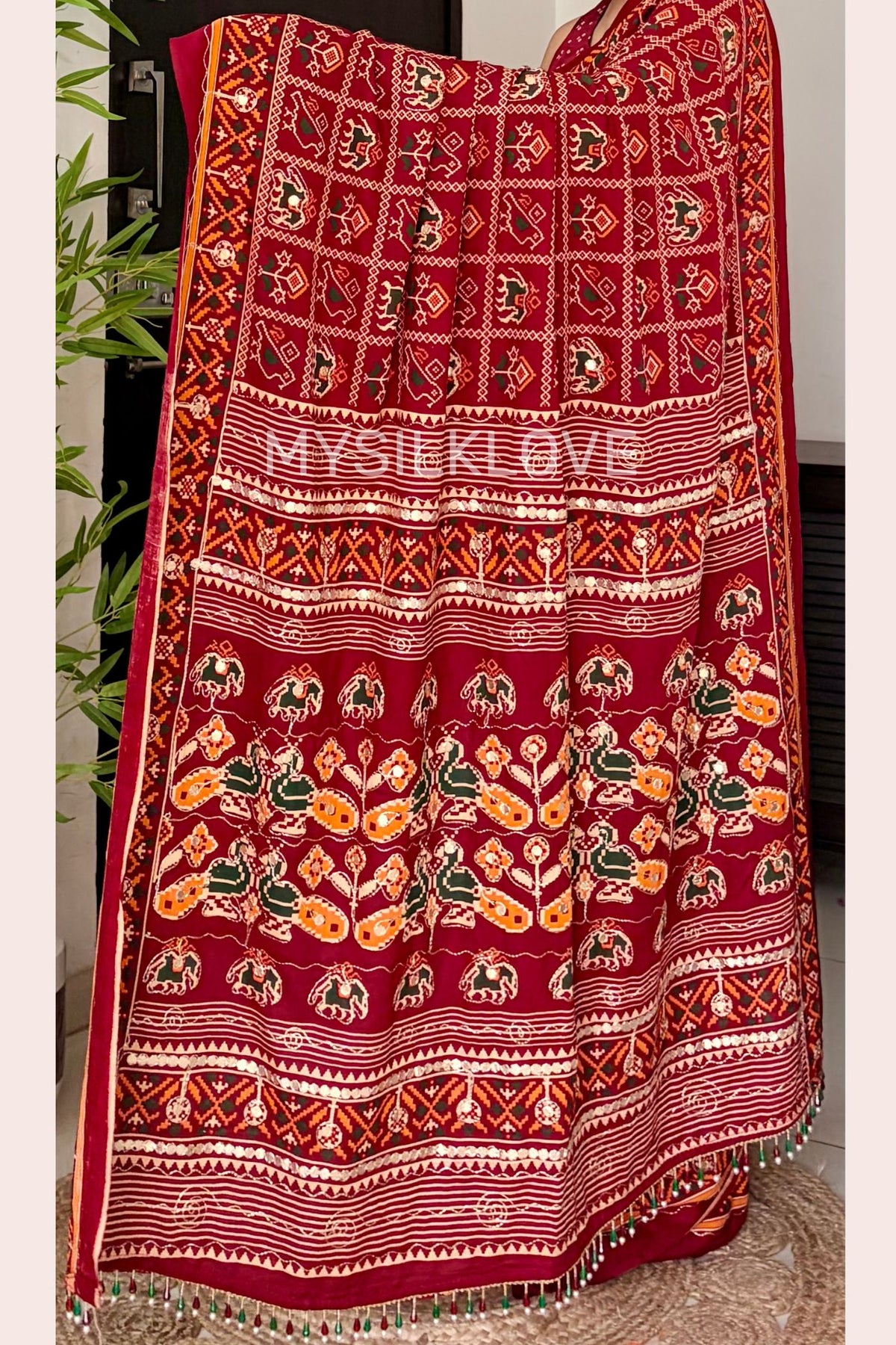 Buy MySilkLove Cherry Red Patola Embroidery Small Mirror Work Handloom Saree Online