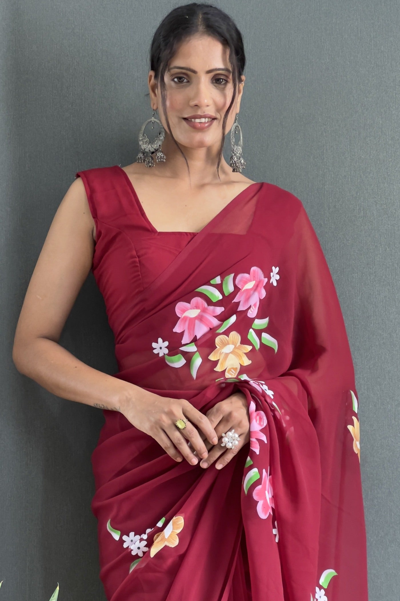 Buy MySilkLove Burgundy Maroon Hand Painted Georgette Saree Online