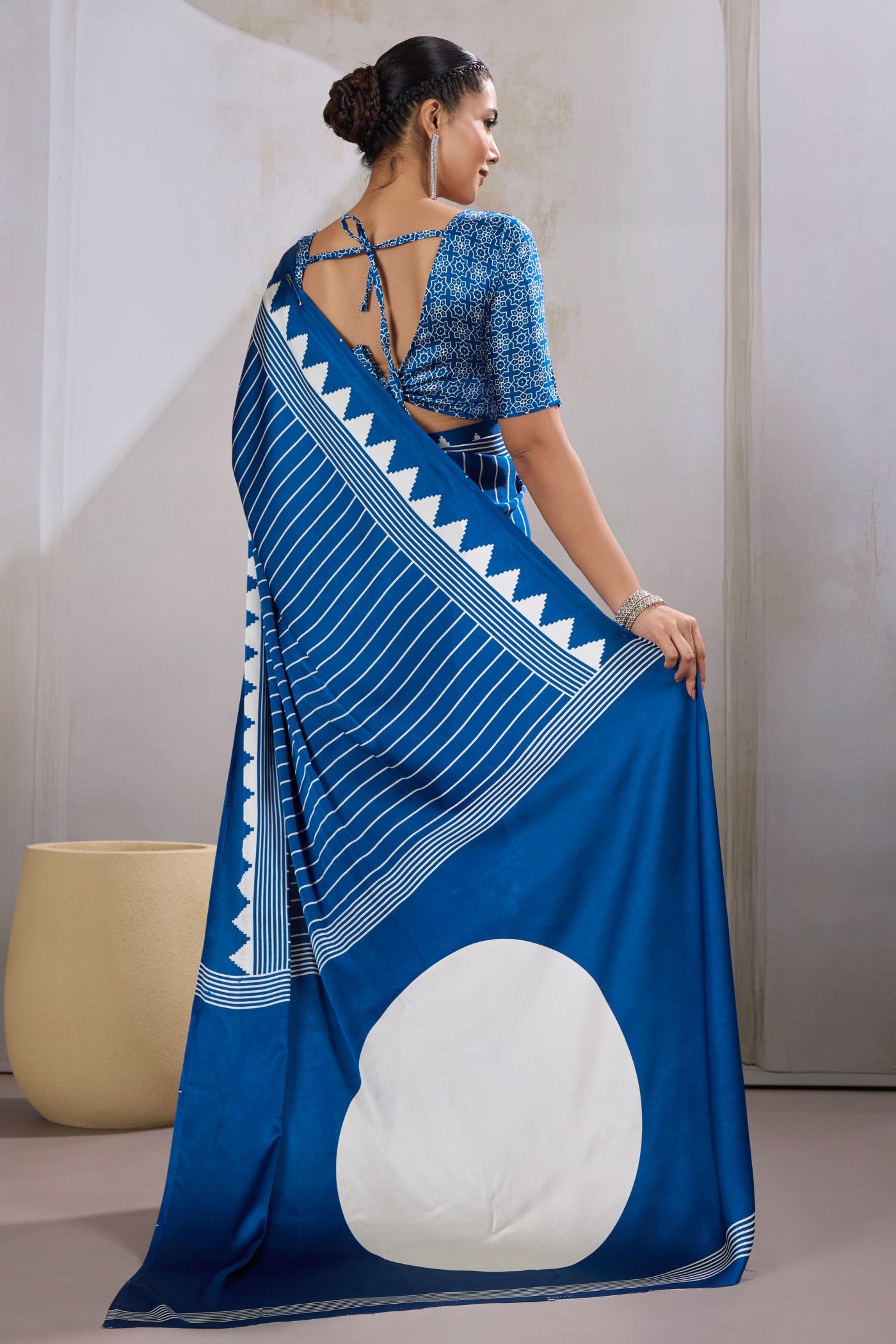 Buy MySilkLove Carolina Blue Ajrakh Printed Satin Crepe Silk Saree Online