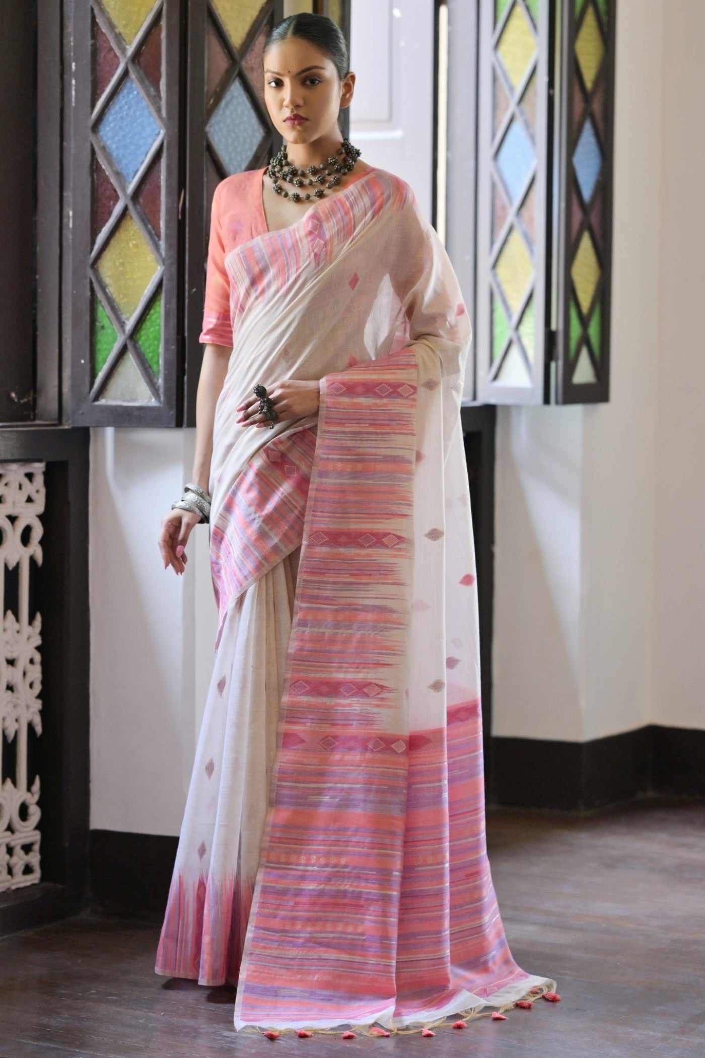 Buy MySilkLove Snow White and Pink Muga Cotton Saree Online