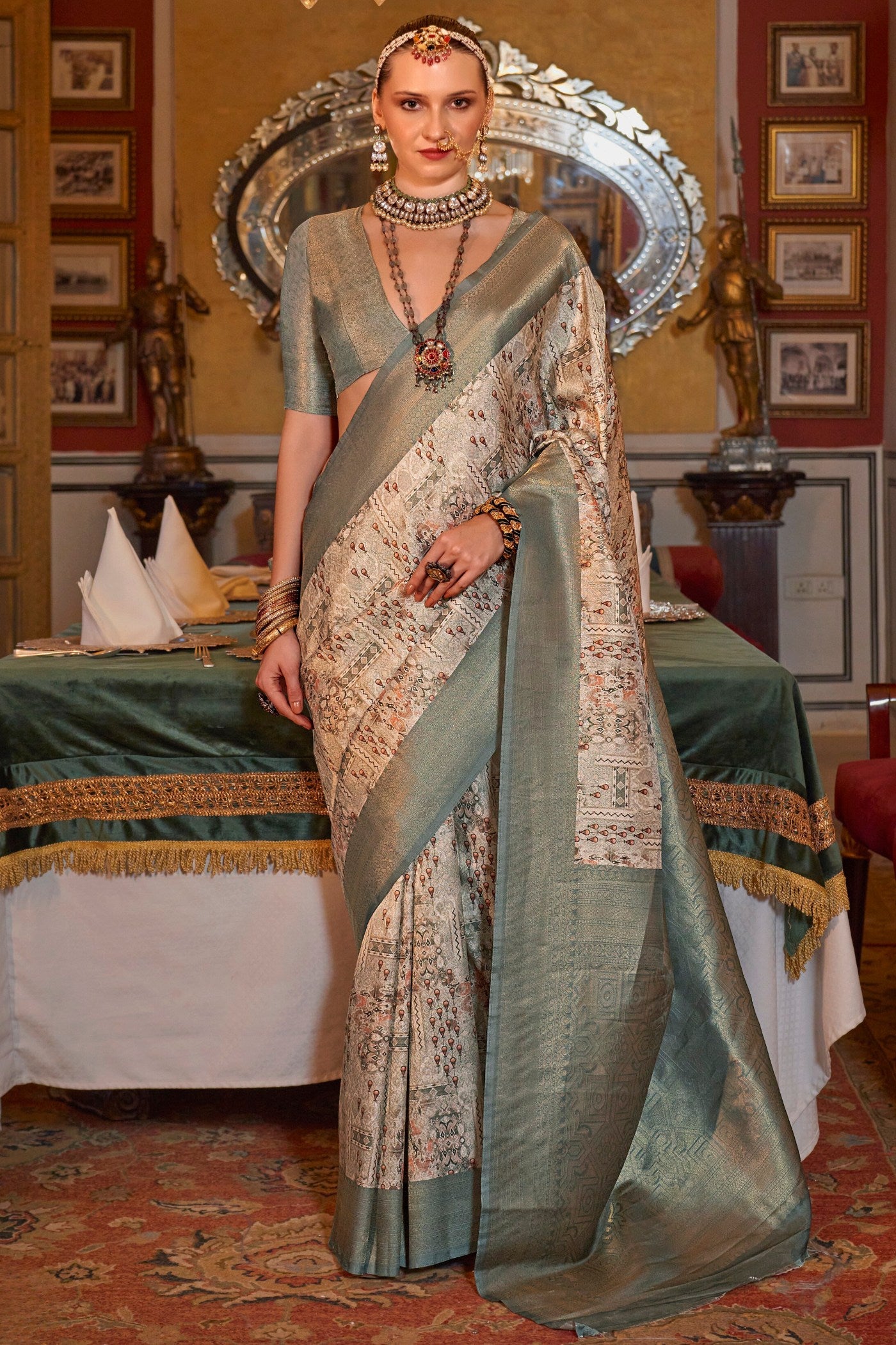 Buy MySilkLove Locust Cream and Green Banarasi Digital Printed Saree Online