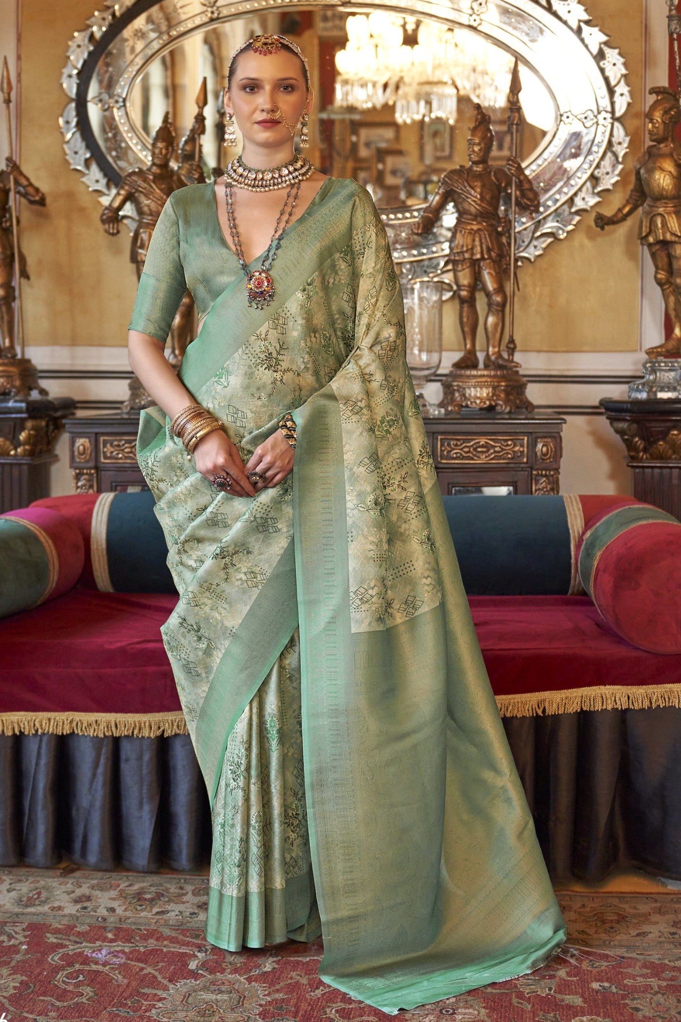 Buy MySilkLove Hillary Green Tussar Banarasi Digital Printed Saree Online