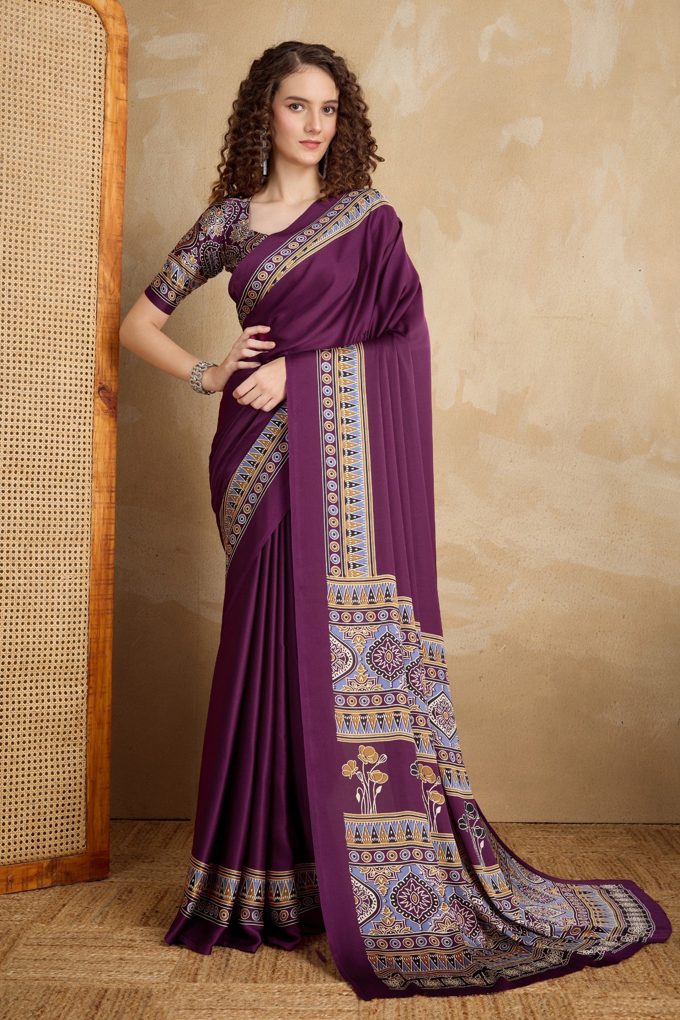 Buy MySilkLove Irises Purple Ajrakh Printed Satin Crepe Silk Saree Online