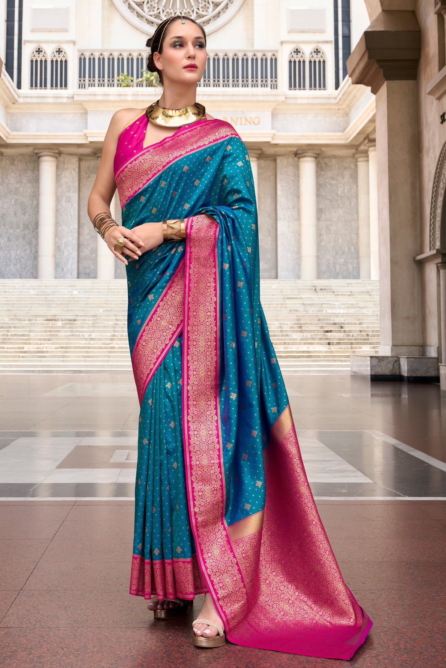 Buy MySilkLove Metallic Blue Zari Woven Banarasi Soft Silk Saree Online