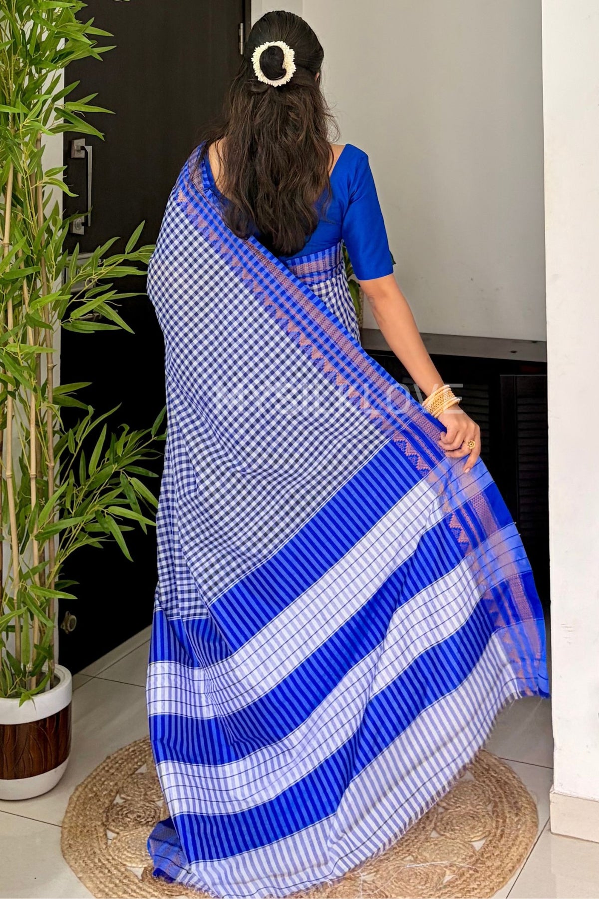 Buy MySilkLove Regal Blue Soft Cotton Check Pattern Irkal Saree Online