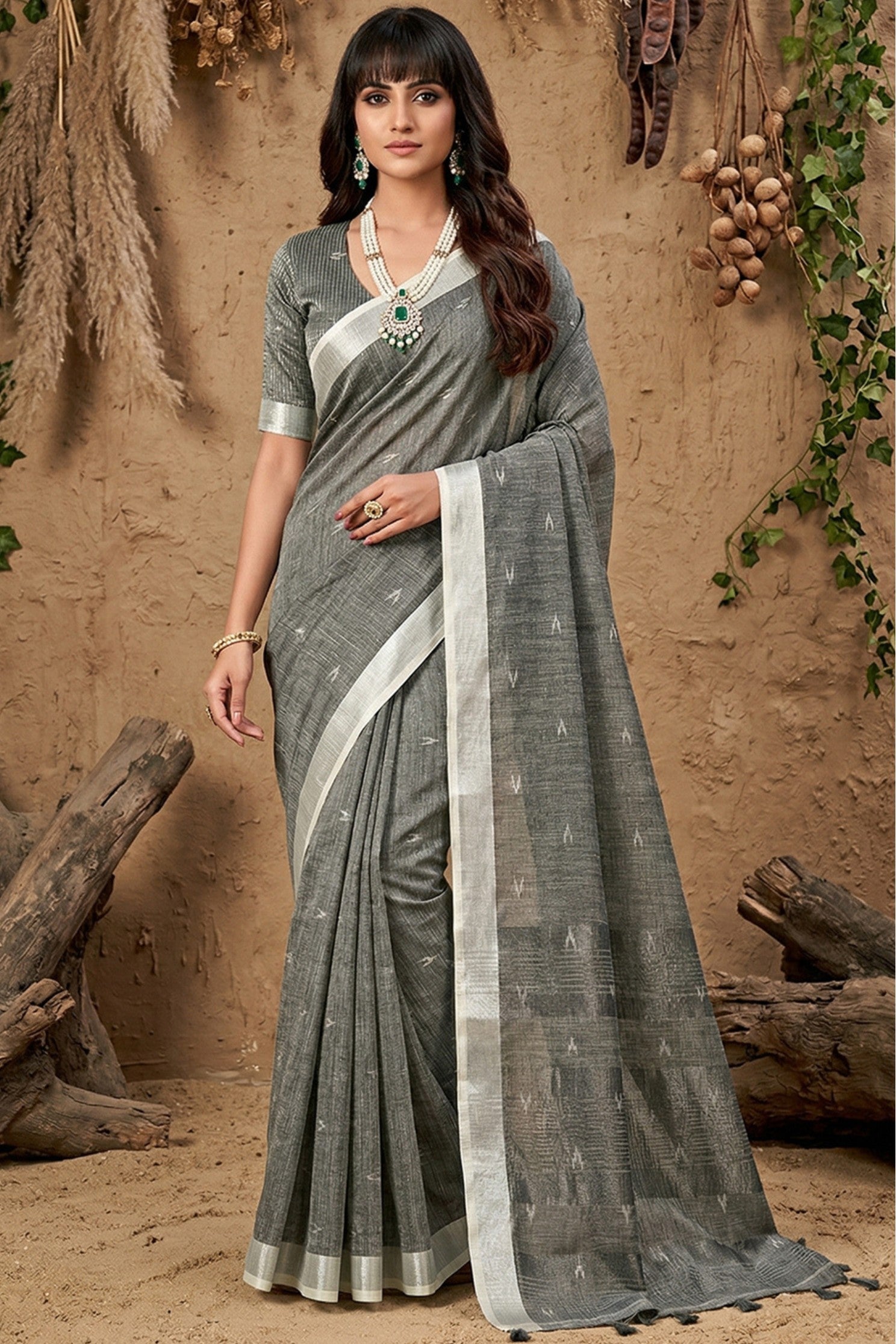 Buy MySilkLove Fog Grey Woven Linen Cotton Saree Online