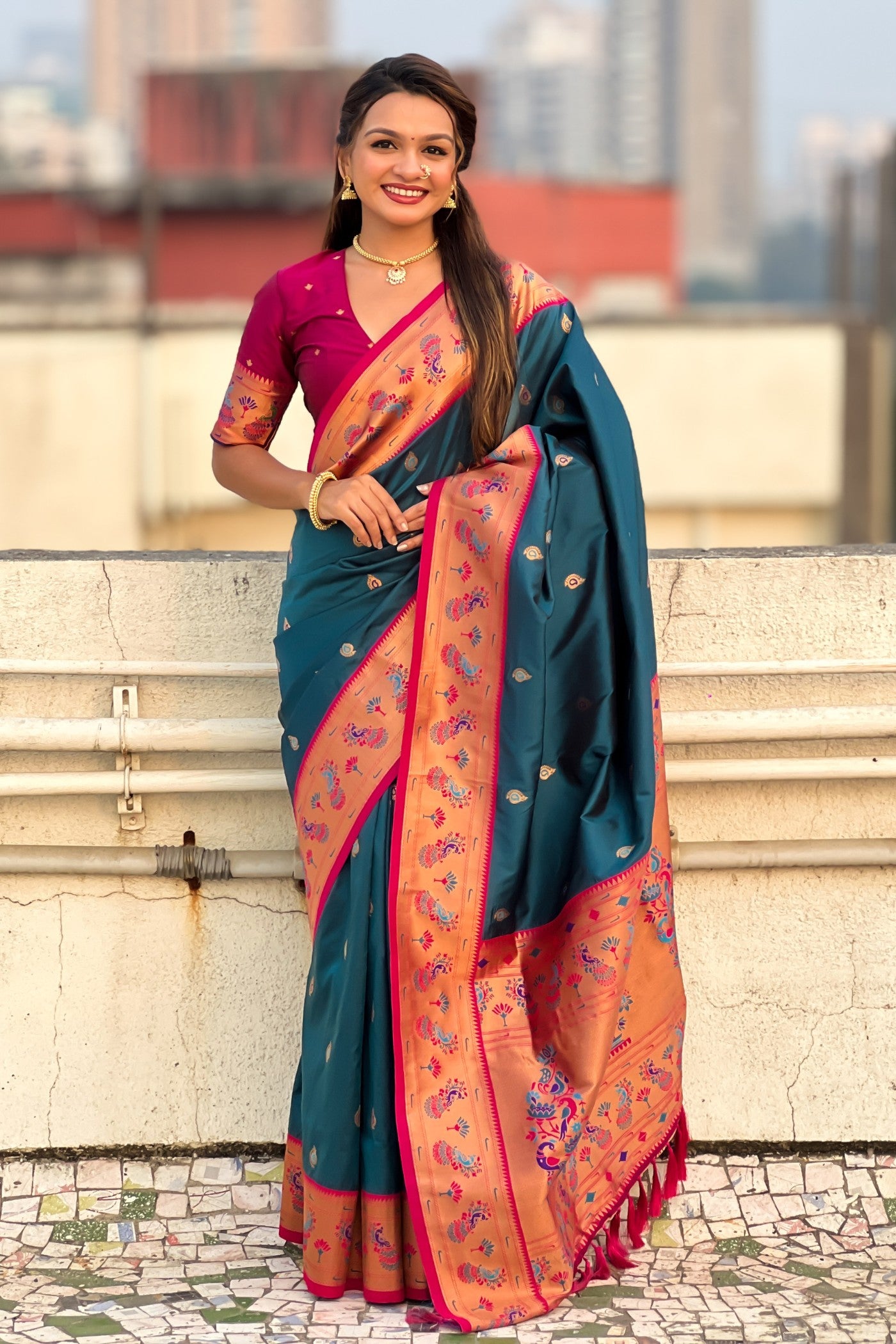 Buy MySilkLove Teal Blue Woven Lotus Paithani Saree Online