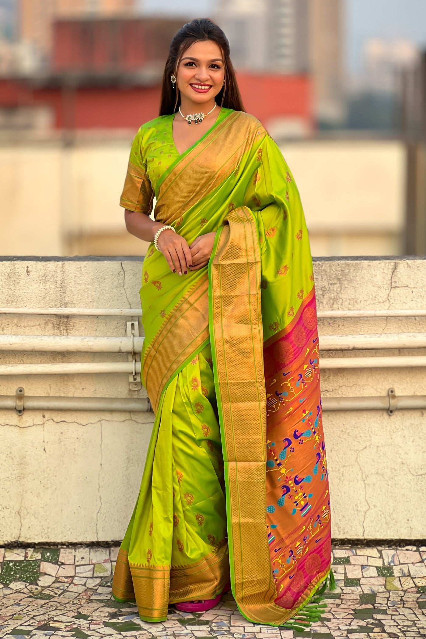 Buy MySilkLove Parrot Green Zari Woven Nath Paithani Saree Online