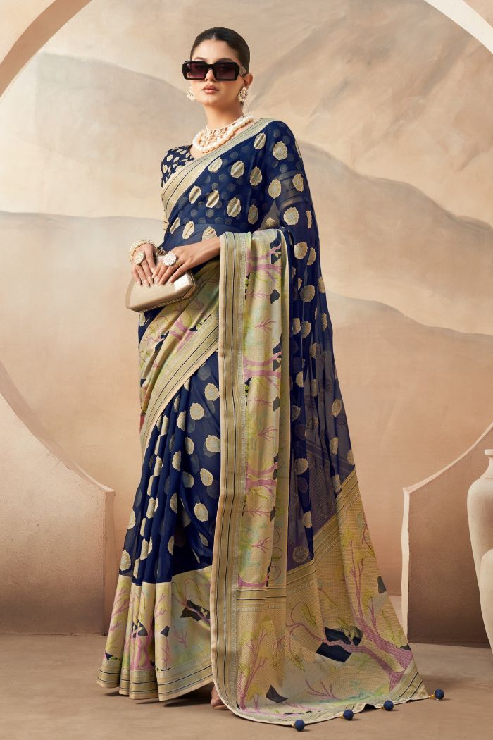 Buy MySilkLove Butterfly Blue Woven Georgette saree Online