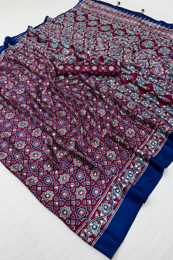Buy MySilkLove Evergreen and Red Modal Ajrakh Satin Printed Mirror Work Saree Online