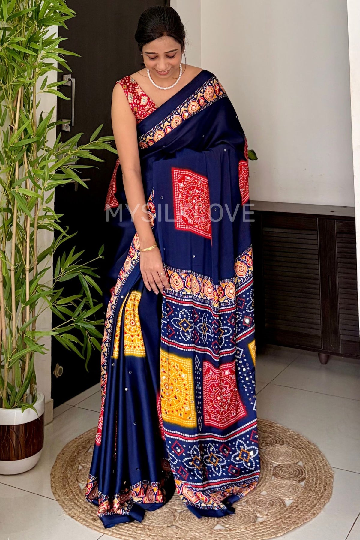MySilkLove Bluebell Blue Satin Printed Bandhani Mirror Work Saree