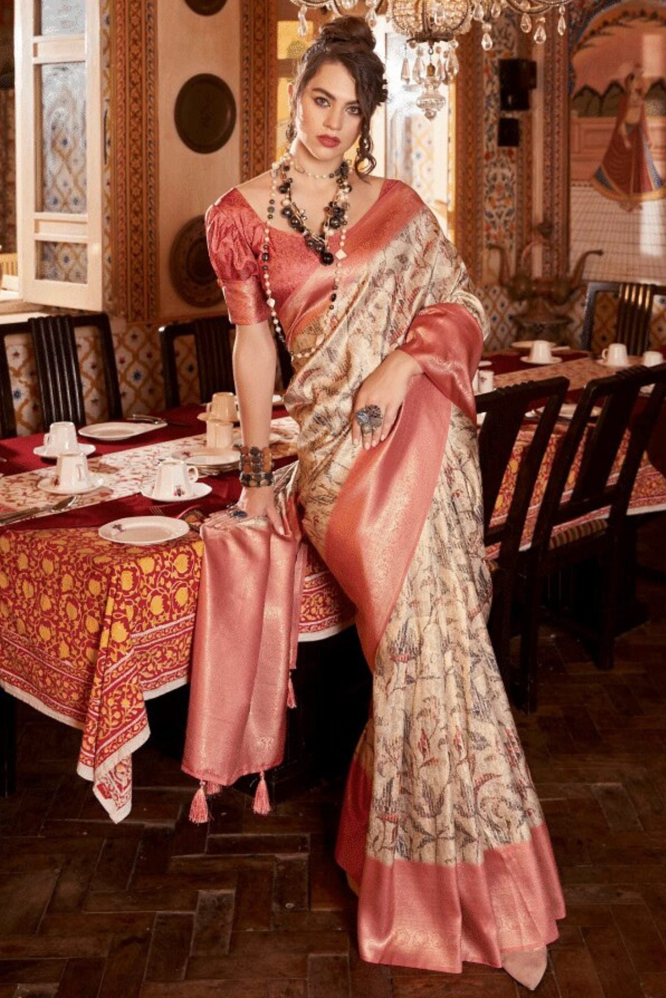 Buy MySilkLove Copper Peach Banarasi Digital Printed Saree Online