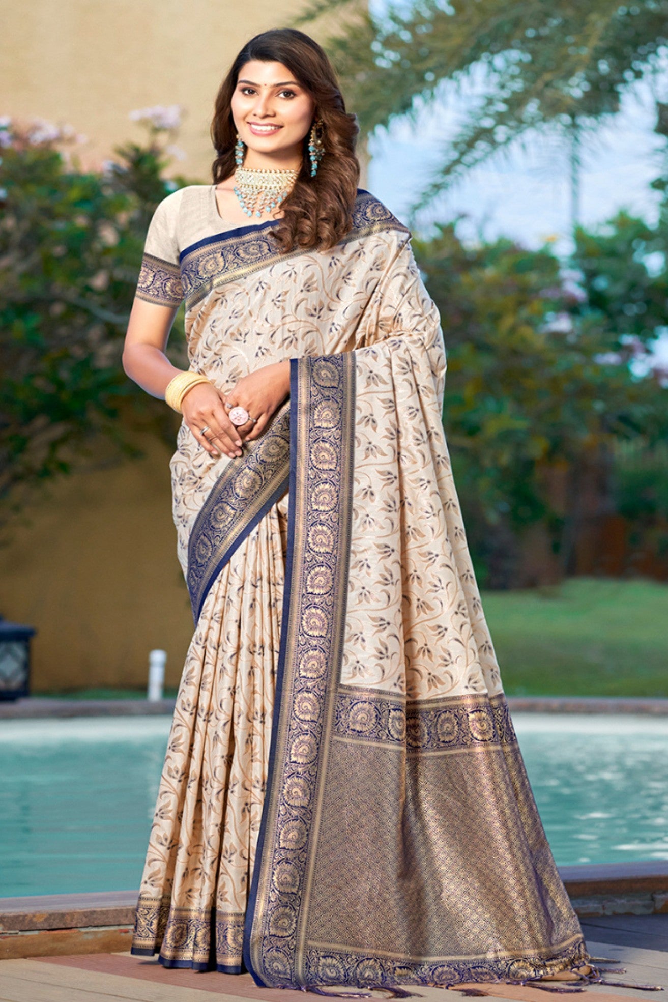 Buy MySilkLove Coffee Cream and Blue Woven Banarasi Saree Online