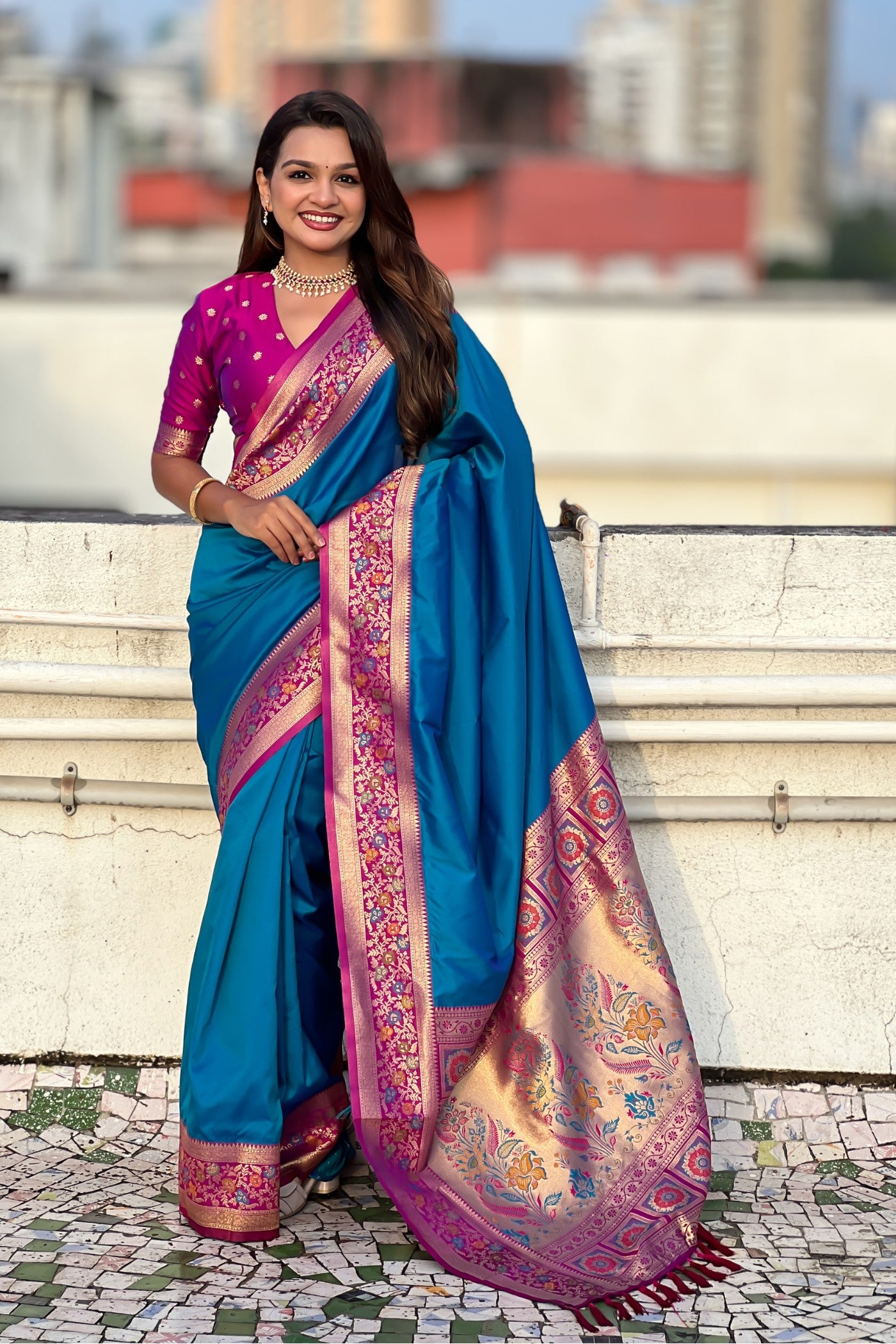 Buy MySilkLove Electric Blue and Pink Zari Woven Paithani Saree Online
