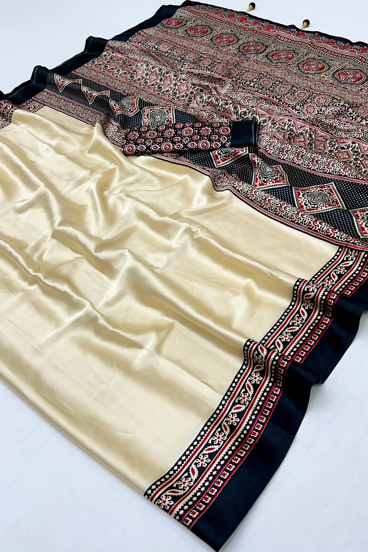 Buy MySilkLove Bavarain Cream Ajrakh Printed Satin Crepe Silk Saree Online