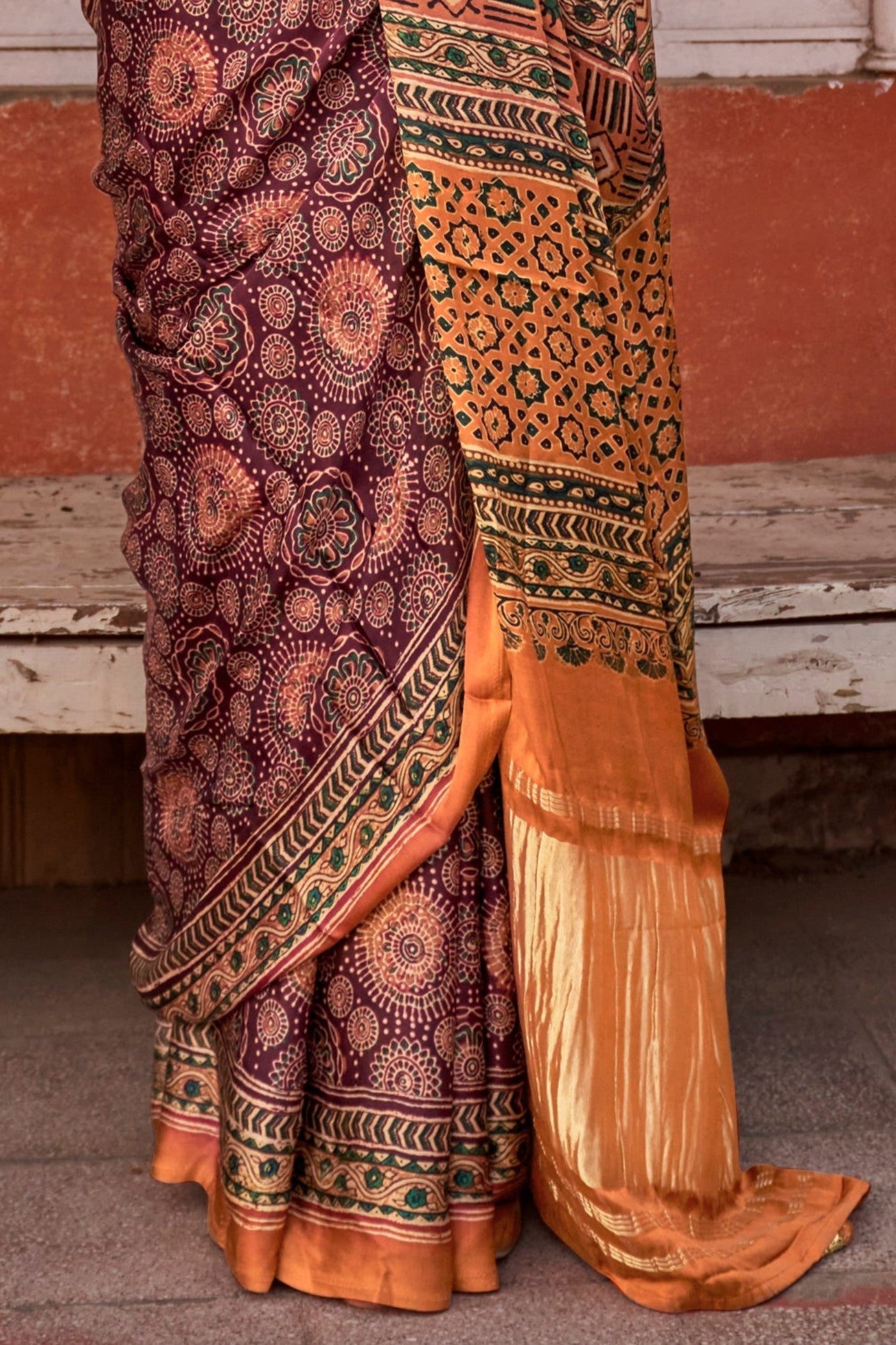 Buy MySilkLove Coca Brown and Orange Ajrakh Handprinted Satin Saree Online