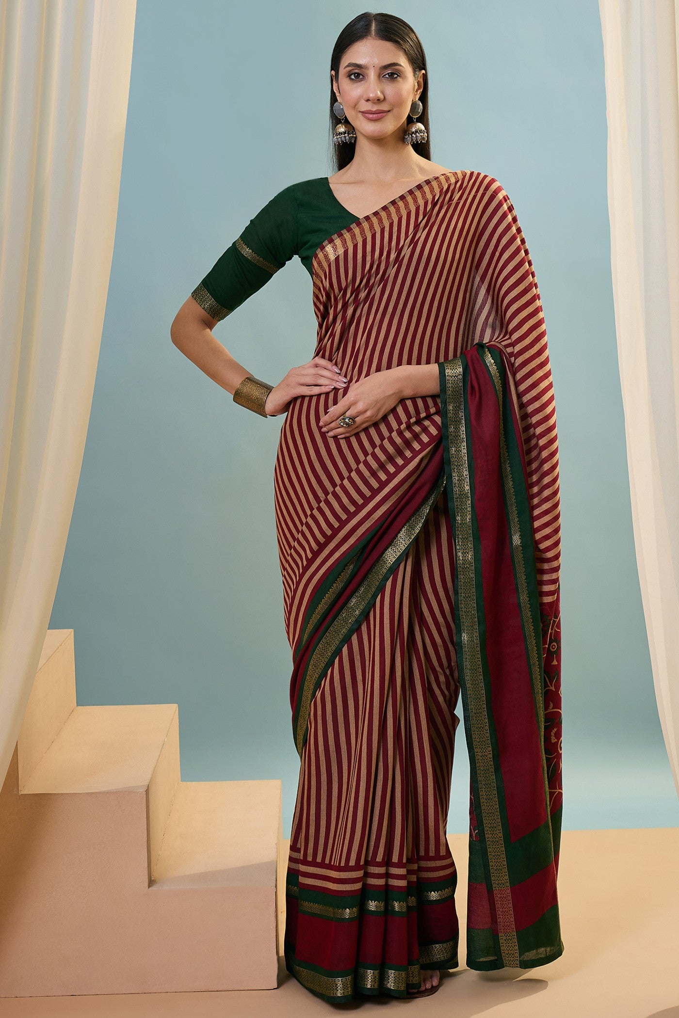 Buy MySilkLove Auburn Maroon Woven Cotton Saree Online