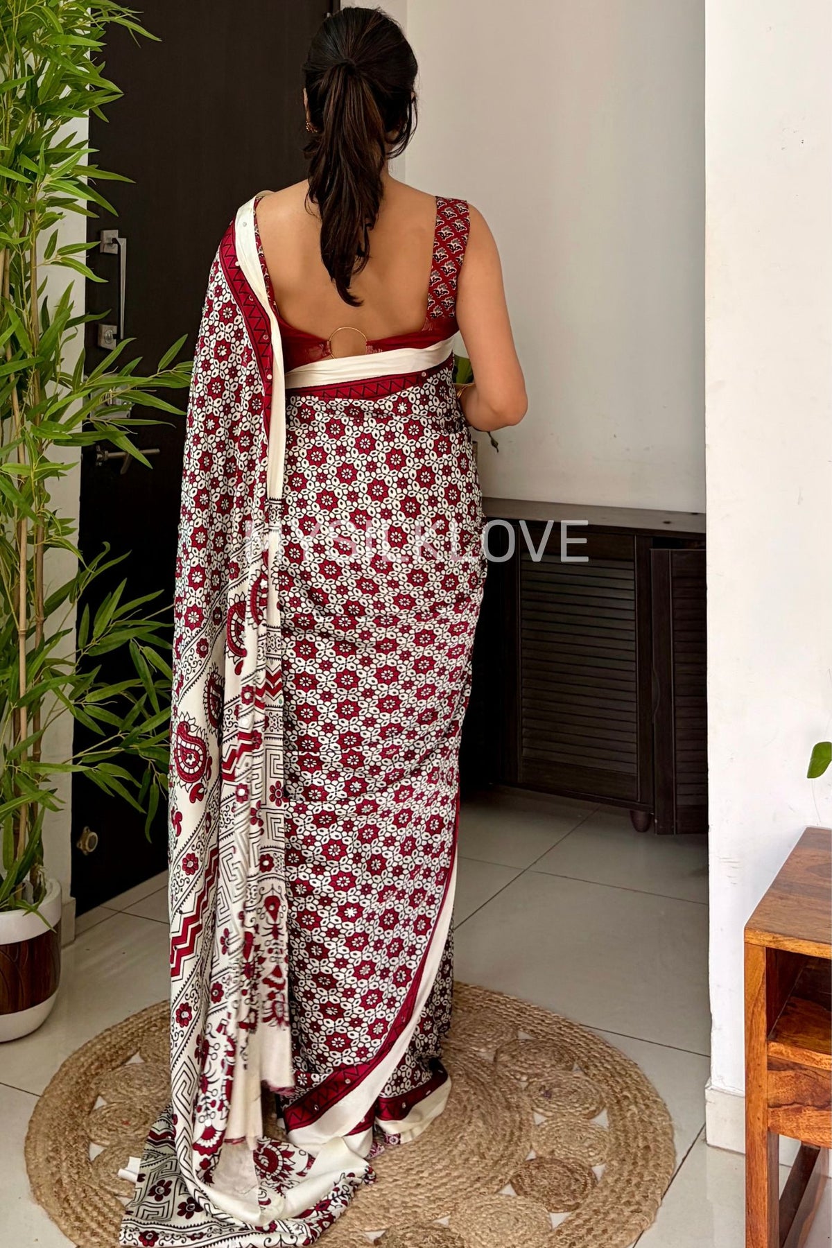 Buy MySilkLove Buttercream and Maroon Satin Printed Mirror Work Saree Online