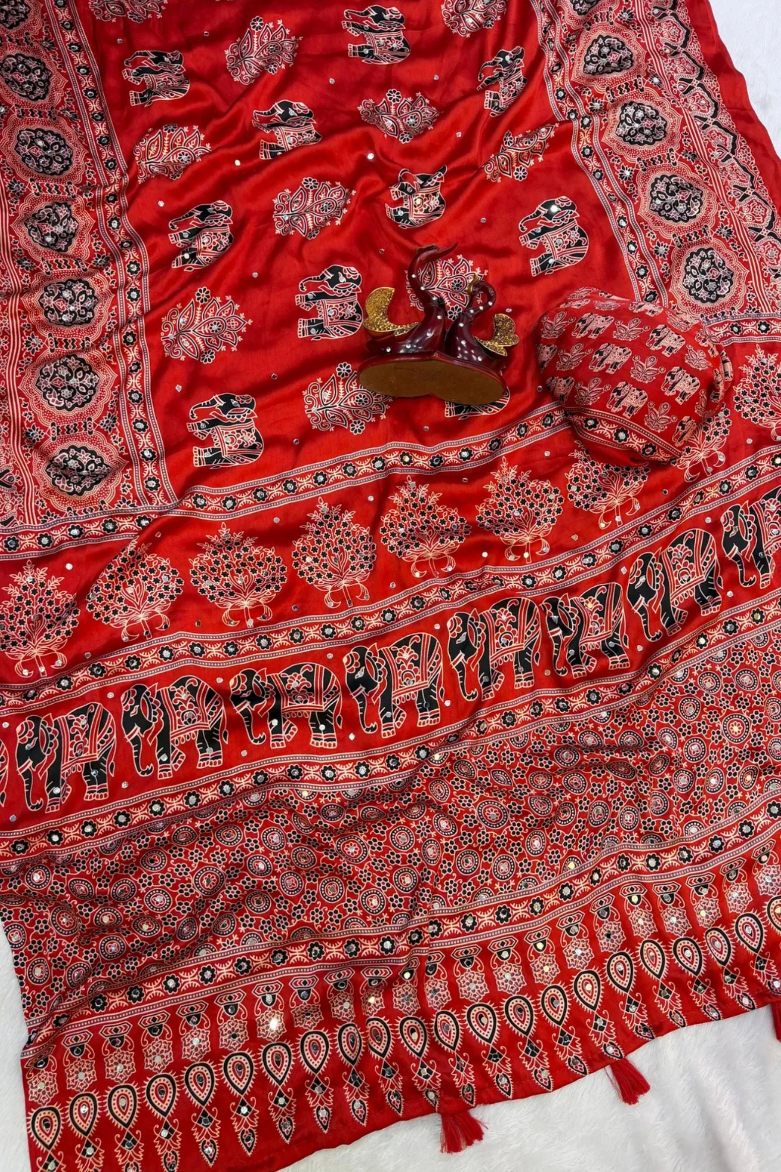 Buy MySilkLove Raven Black Ajrakh Satin Printed Mirror Work Saree Online