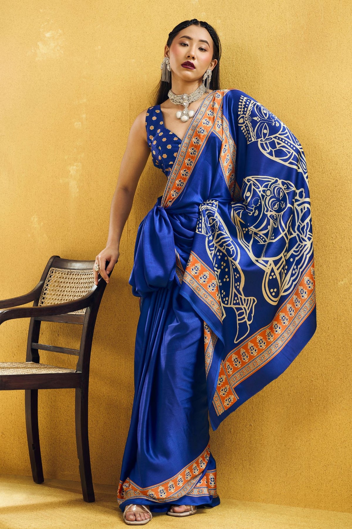 Buy MySilkLove Royal Blue Modal Ajrakh Satin Printed Silk Saree Online