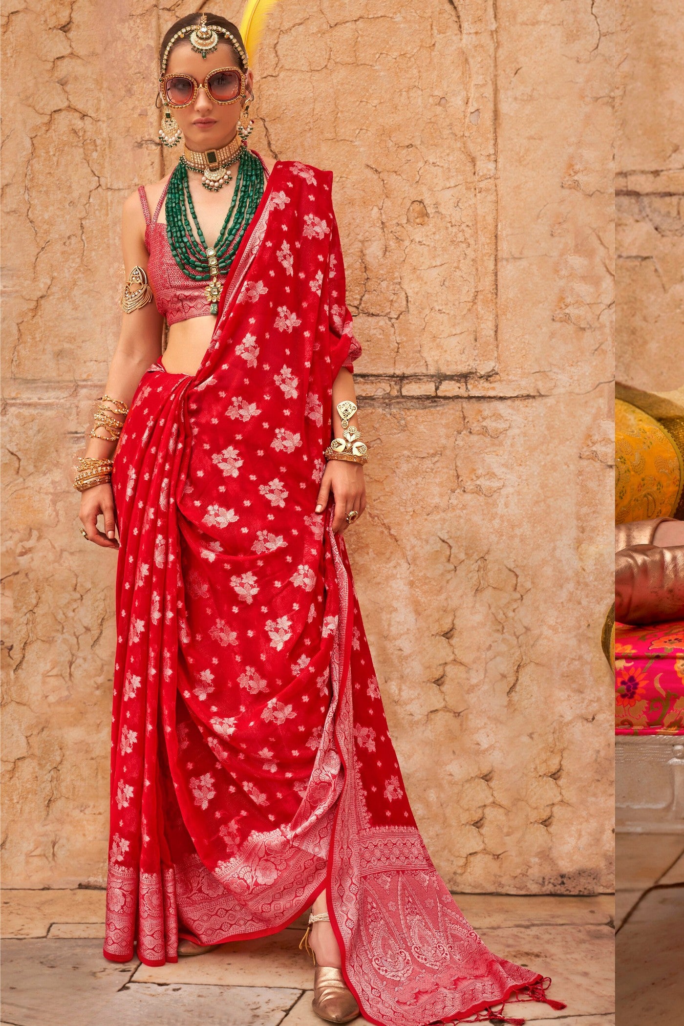 Buy MySilkLove Thunderbird Red Zari Woven Georgette Saree Online