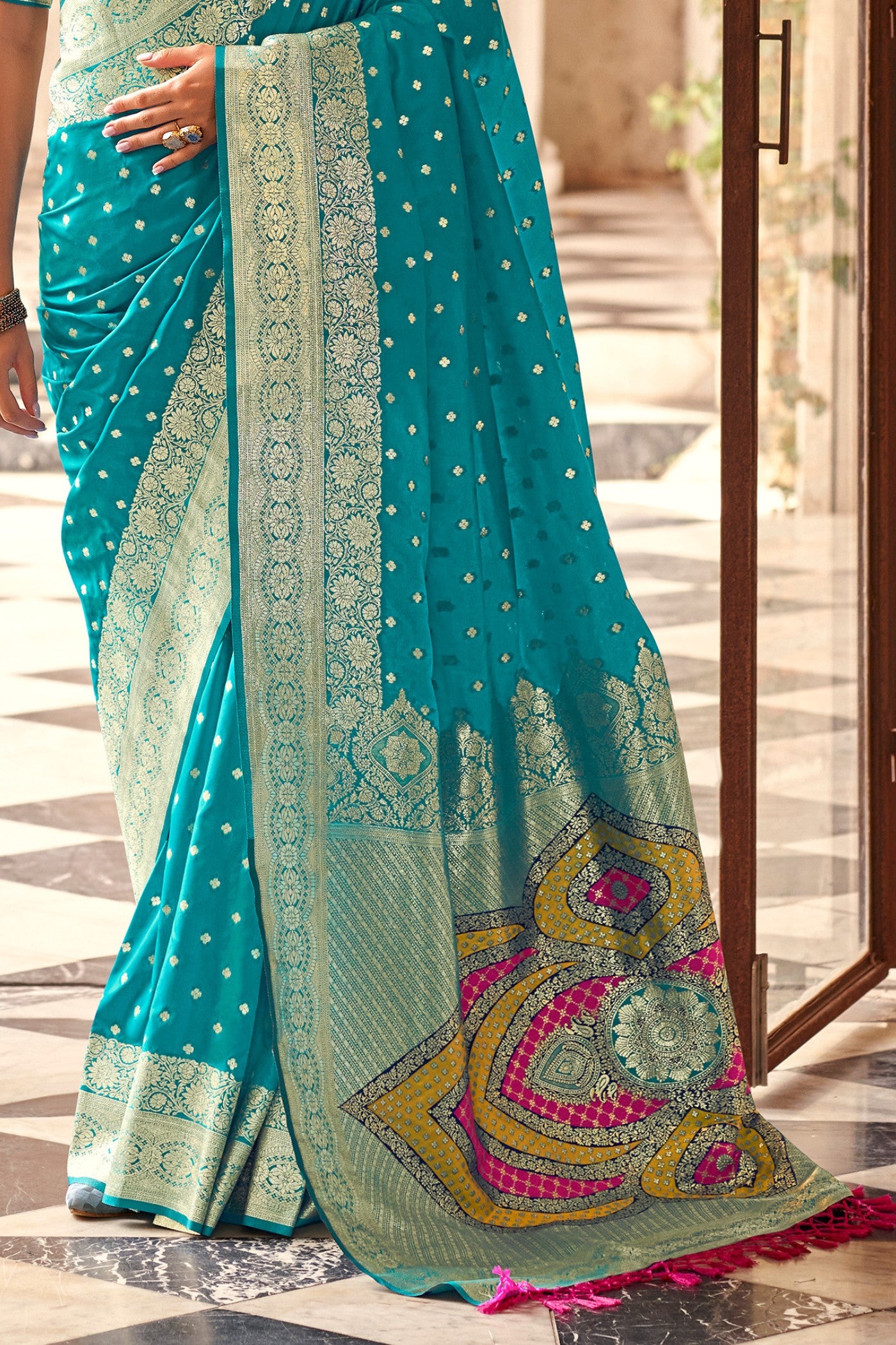 Buy MySilkLove Boston Blue Woven Banarasi Soft Silk Saree Online